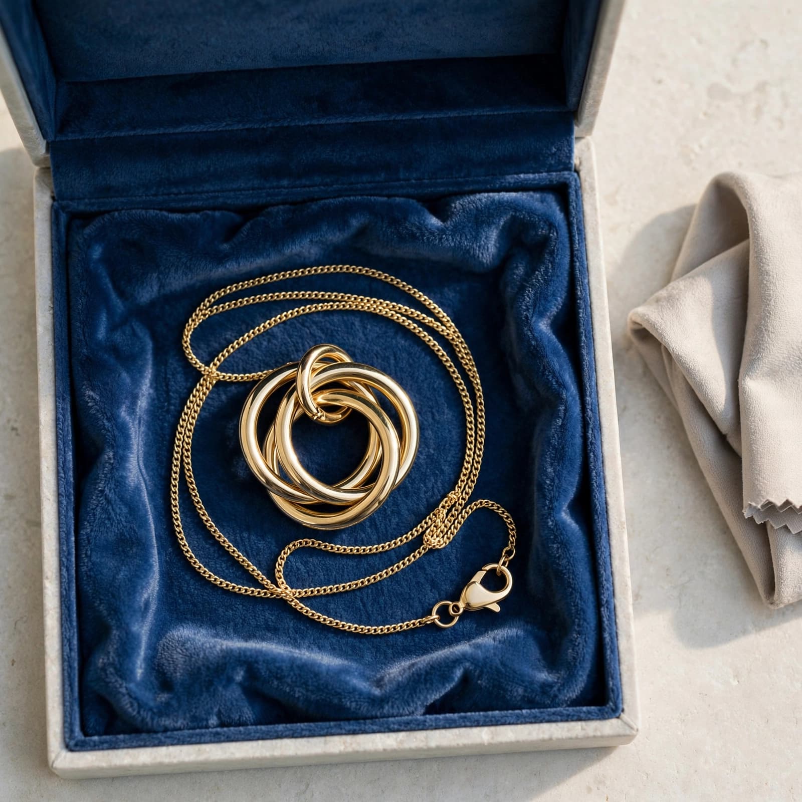 Borromeans Rings Necklace: A UK Buyer's Guide 3 A linked-ring pendant and neatly looped chain rest in a blue velvet box beside a polishing cloth.