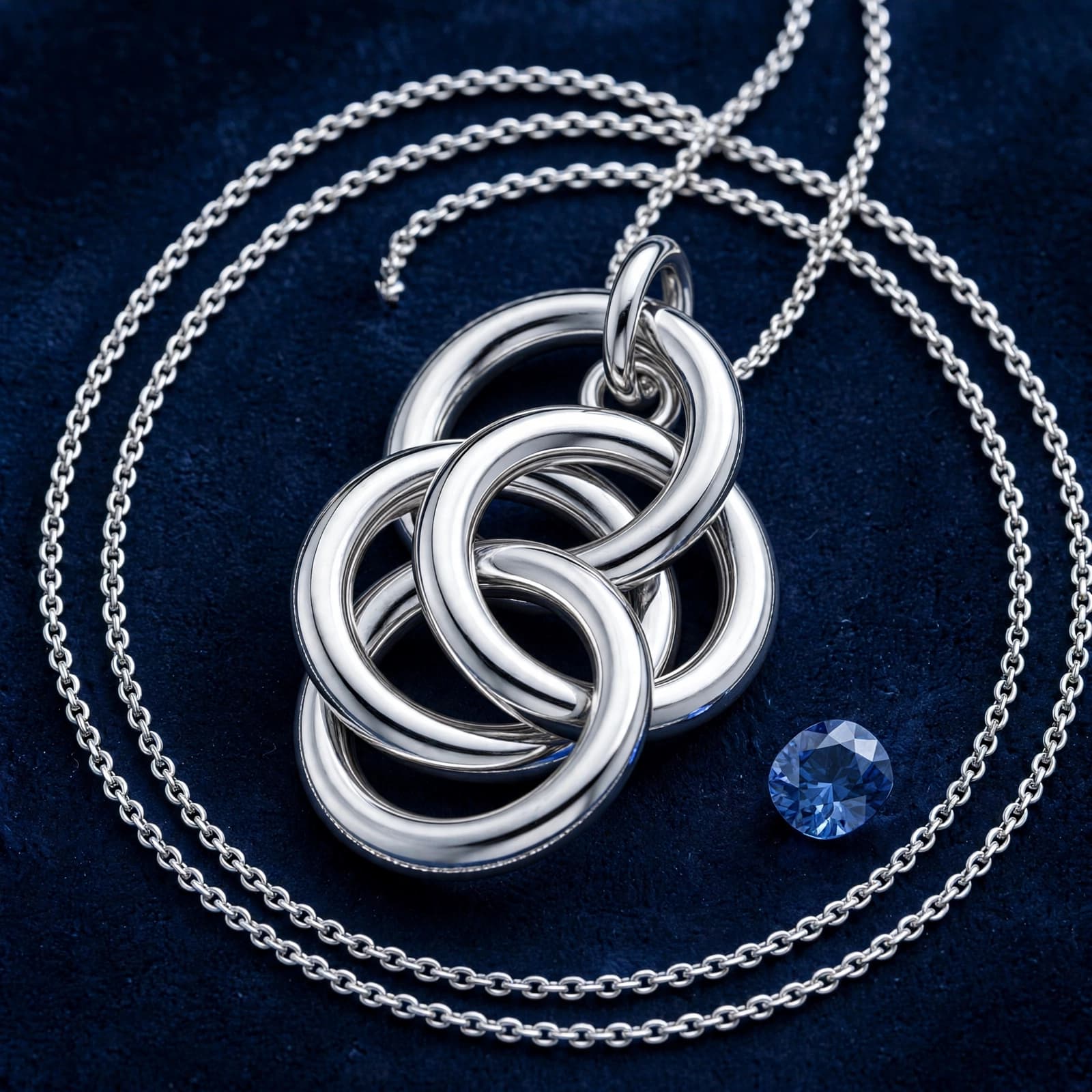Borromeans Rings Necklace: A UK Buyer's Guide 1 A three-ring silver pendant and chain on navy velvet beside a blue stone.