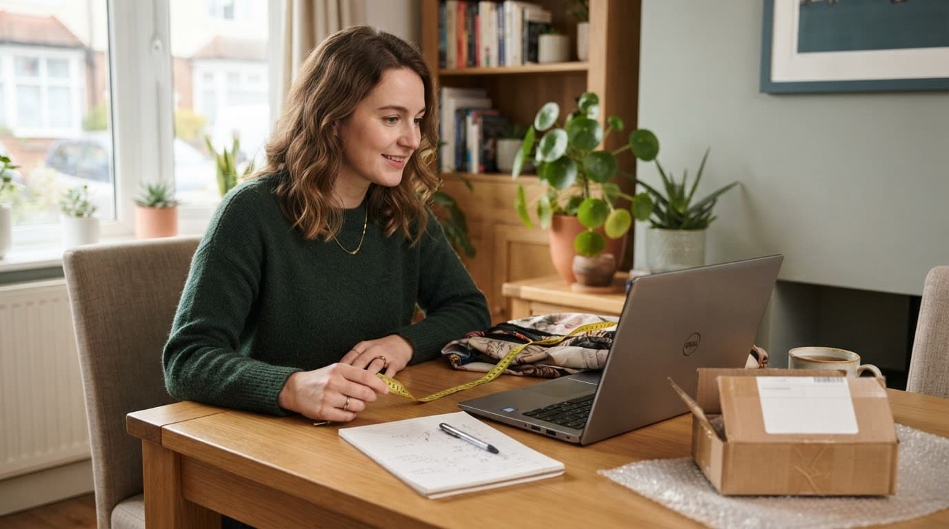 Adult planning a costume purchase with a laptop, measuring tape, notes, and parcel.
