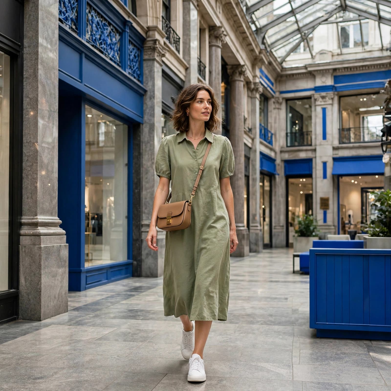 Woman in a midi dress and white trainers walking through a blue-accented city arcade.