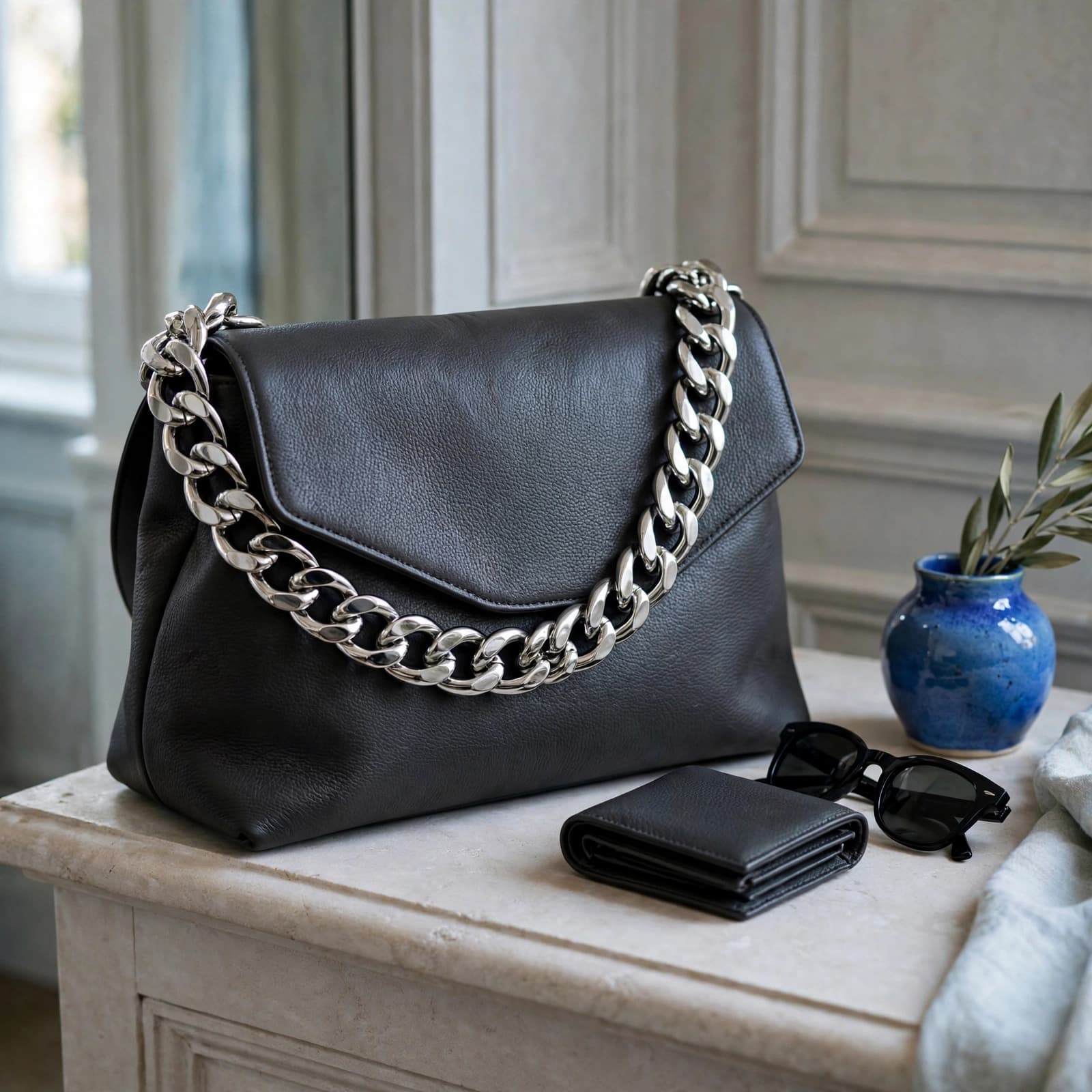 A charcoal shoulder bag with silver chain trim beside a wallet and sunglasses.