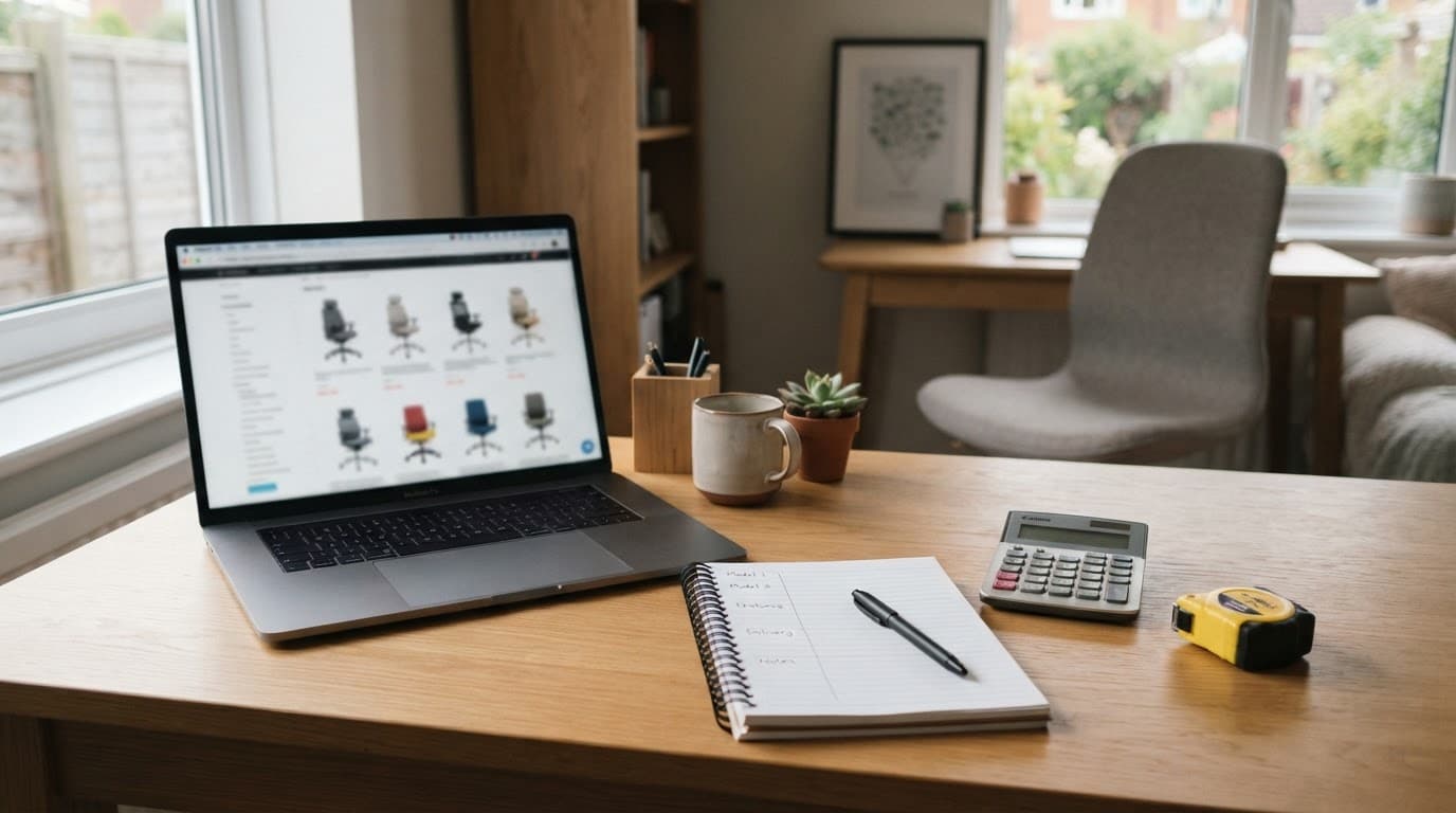 Desk with a laptop, comparison notebook, calculator, and tape measure facing a chair.