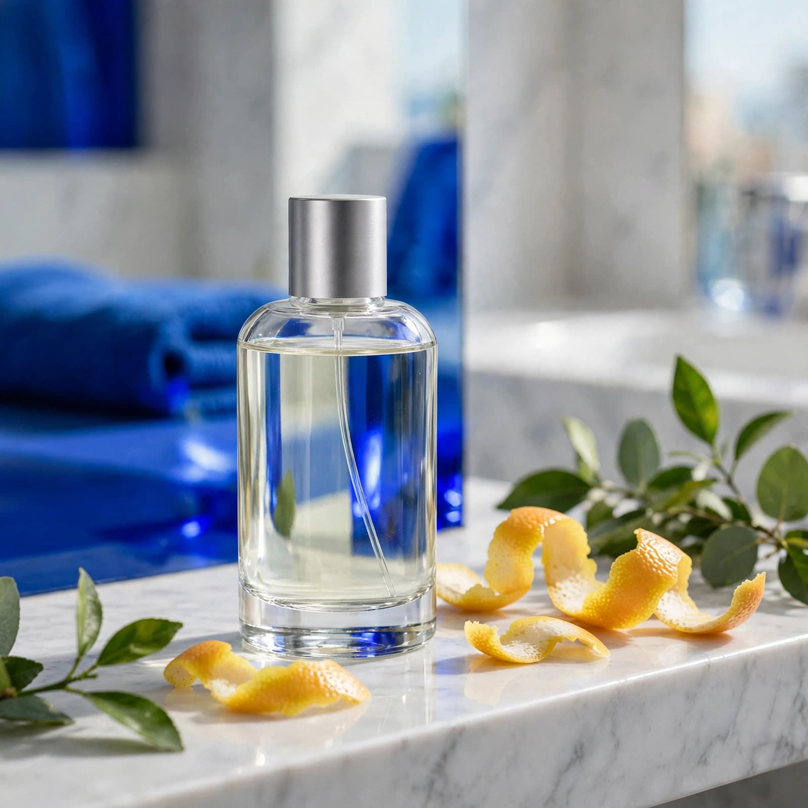 A clear perfume bottle sits beside citrus peel and green leaves.