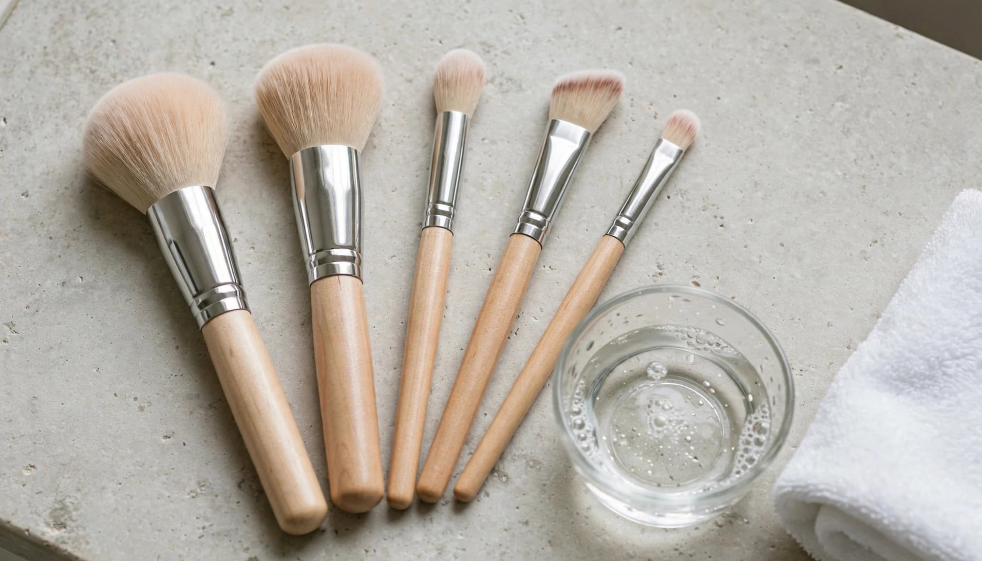 Five makeup brushes sit beside cleanser and a folded white towel on a bright bathroom vanity.