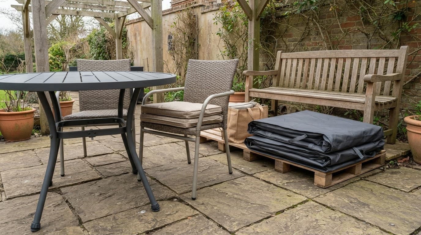 Garden furniture arranged on a covered patio with visible joints, cushions, and protective storage cover.