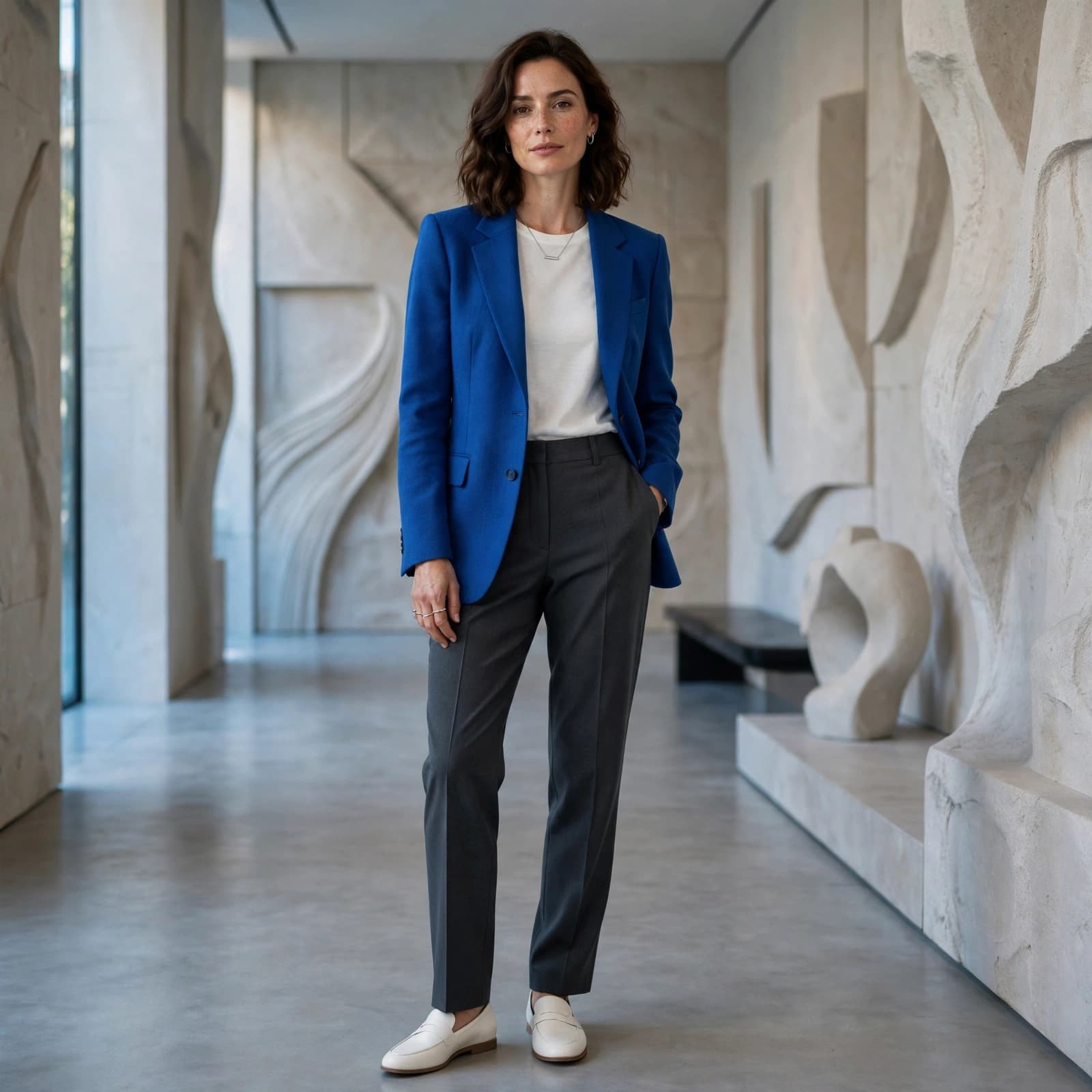 A woman in a blue blazer and charcoal trousers stands in a stone-walled gallery.