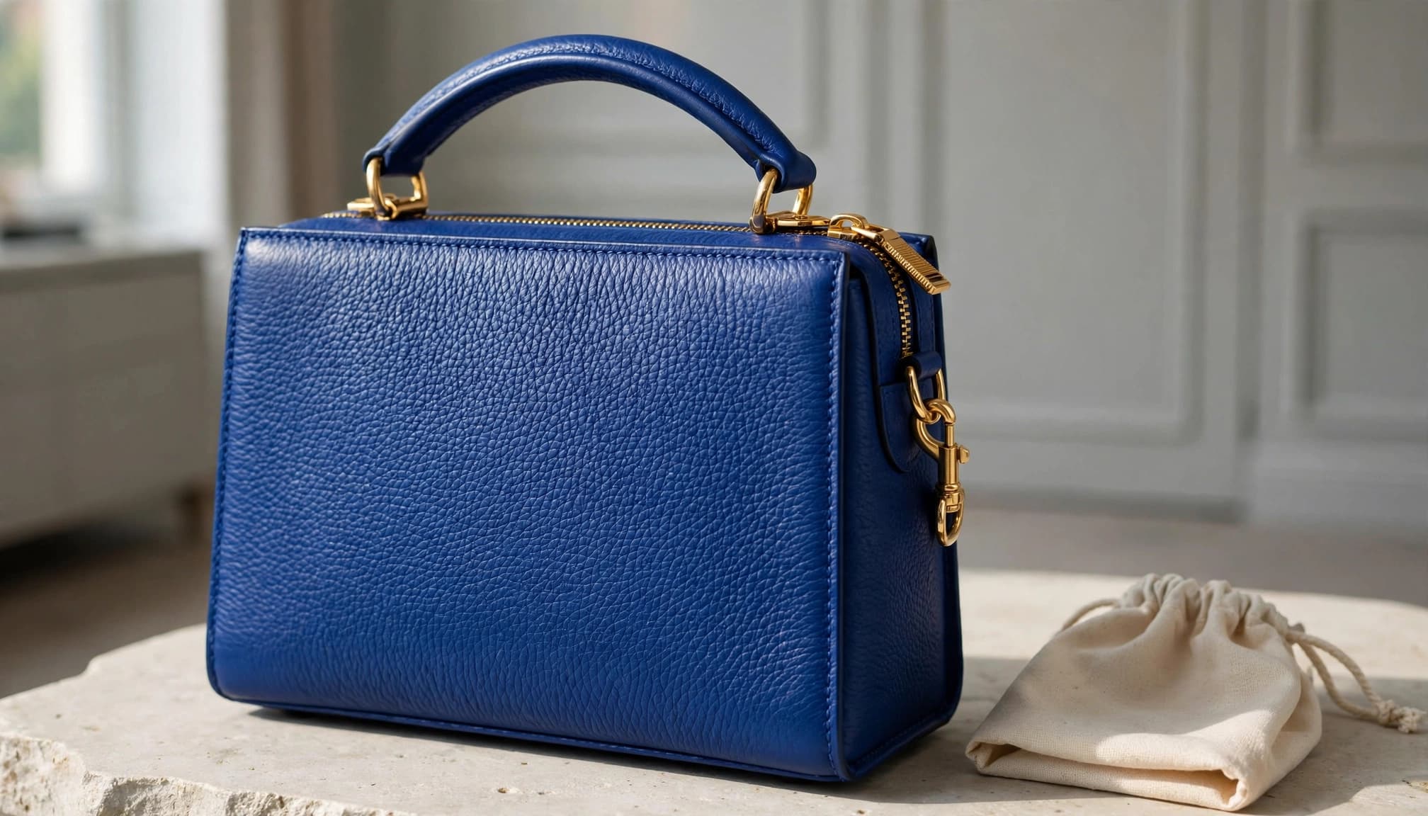 Cobalt-blue leather handbag on a pale stone table beside a dust bag.