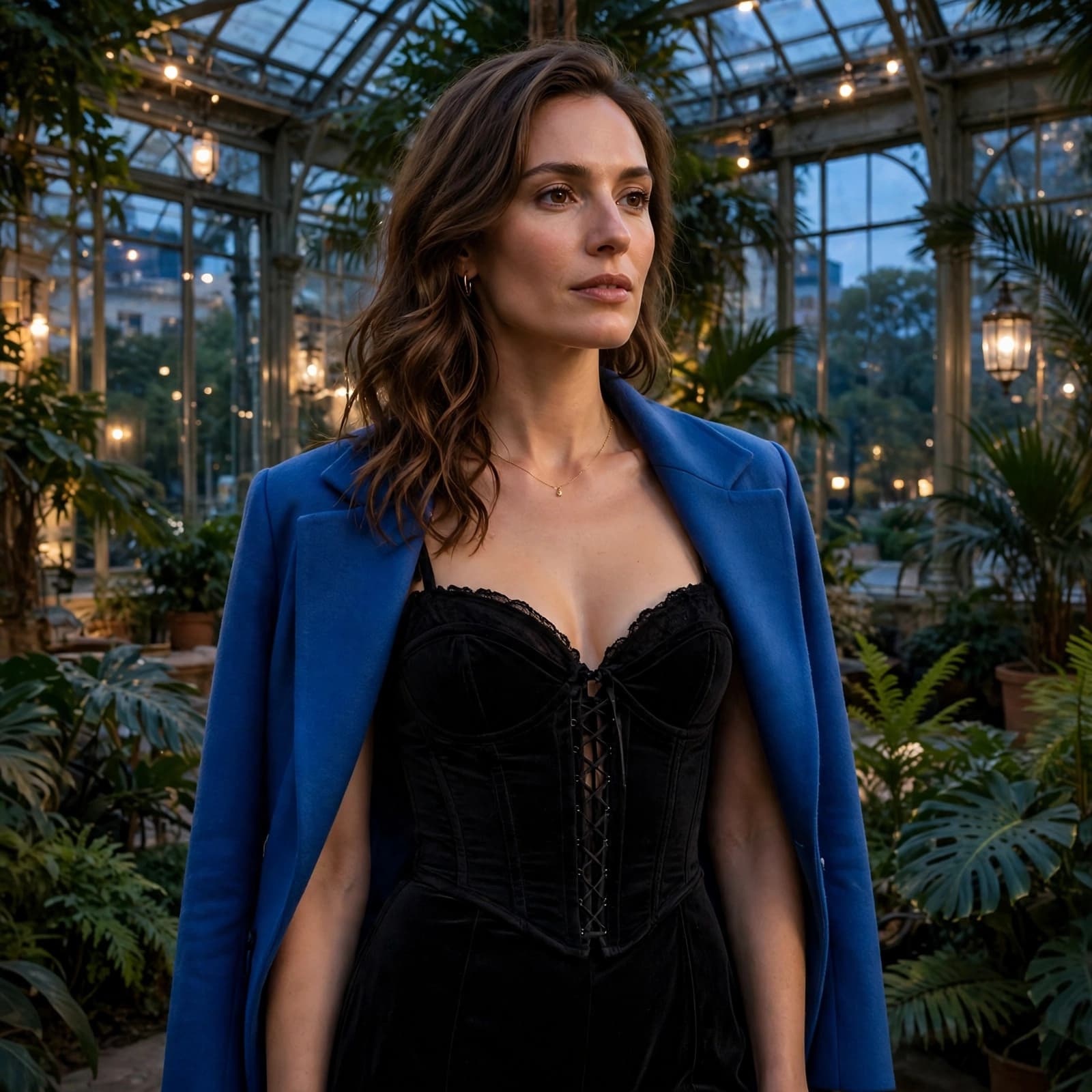Corset Dress Buying Guide: Fit, Quality and Value 3 A woman in a black dress and blue jacket stands among greenery in a warmly lit conservatory.