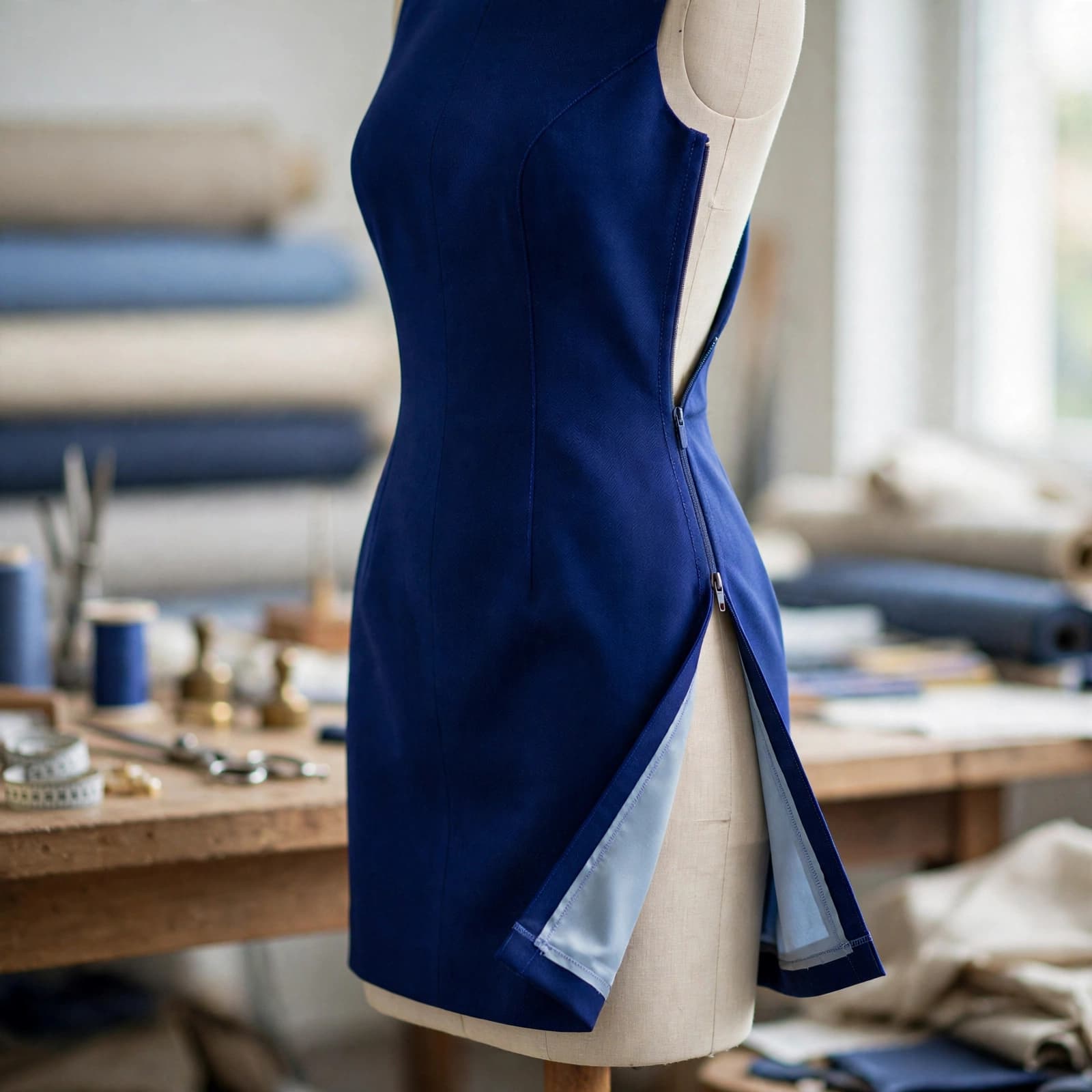 A cobalt mini dress on a mannequin in a softly lit atelier.