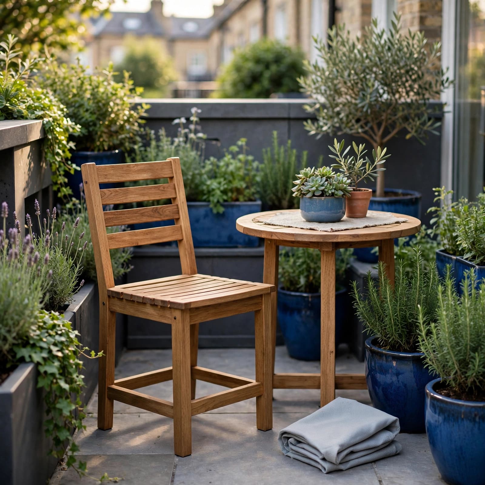 Wooden Garden Seats: A Practical UK Buyer's Guide 3 Wooden bistro seat and round table on a green balcony with blue accents.