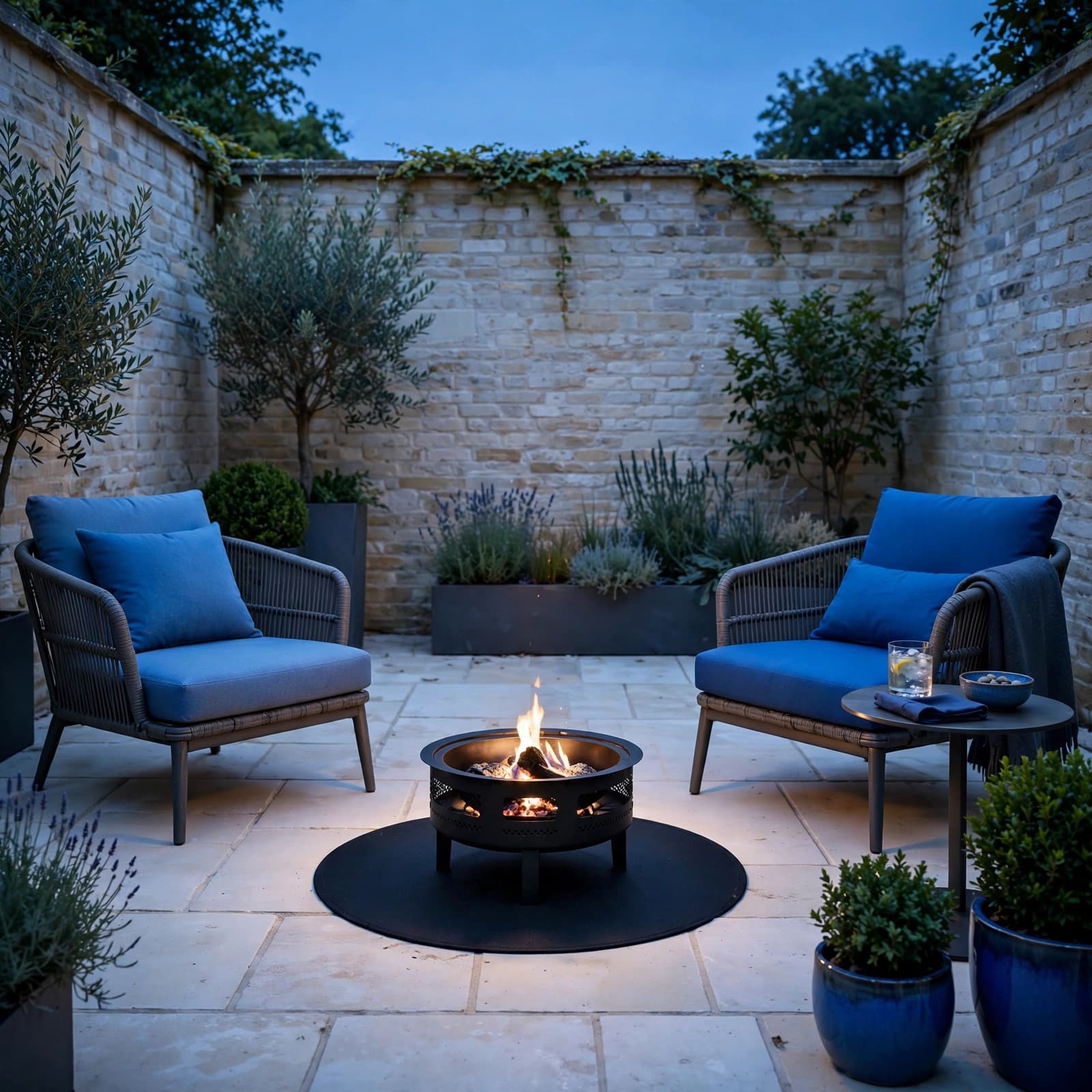 Fire Pit Ideas That Make UK Gardens More Usable 1 Compact fire pit in a paved courtyard with chairs, a mat, and a small drinks table.