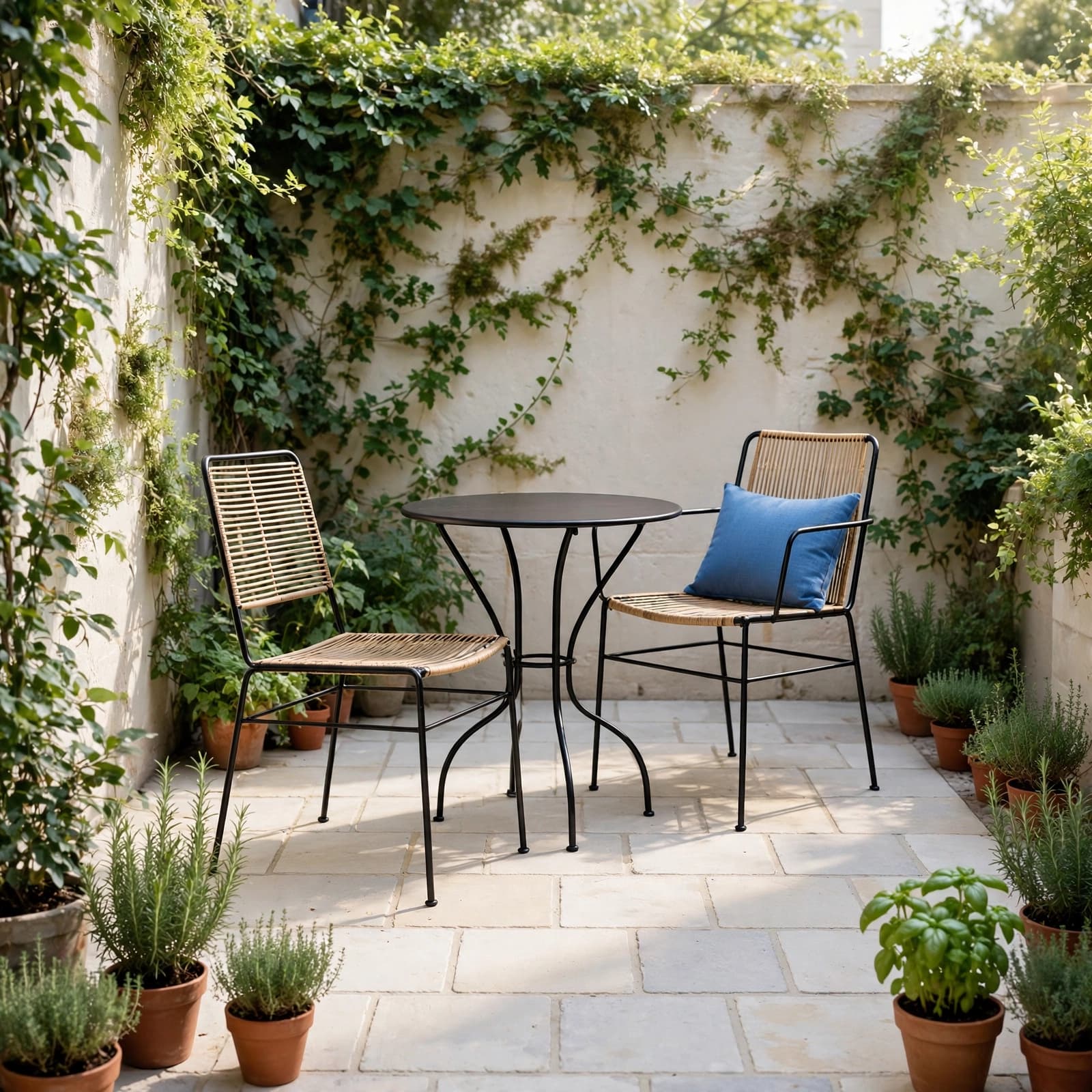 A small bistro table and two chairs on a stone patio with greenery and a blue cushion.