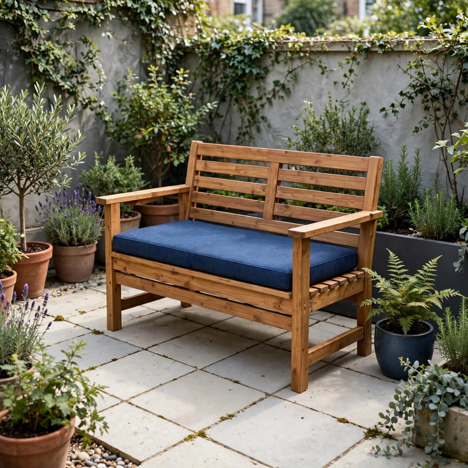 A wooden bench with a blue cushion sits among potted plants on a small patio.