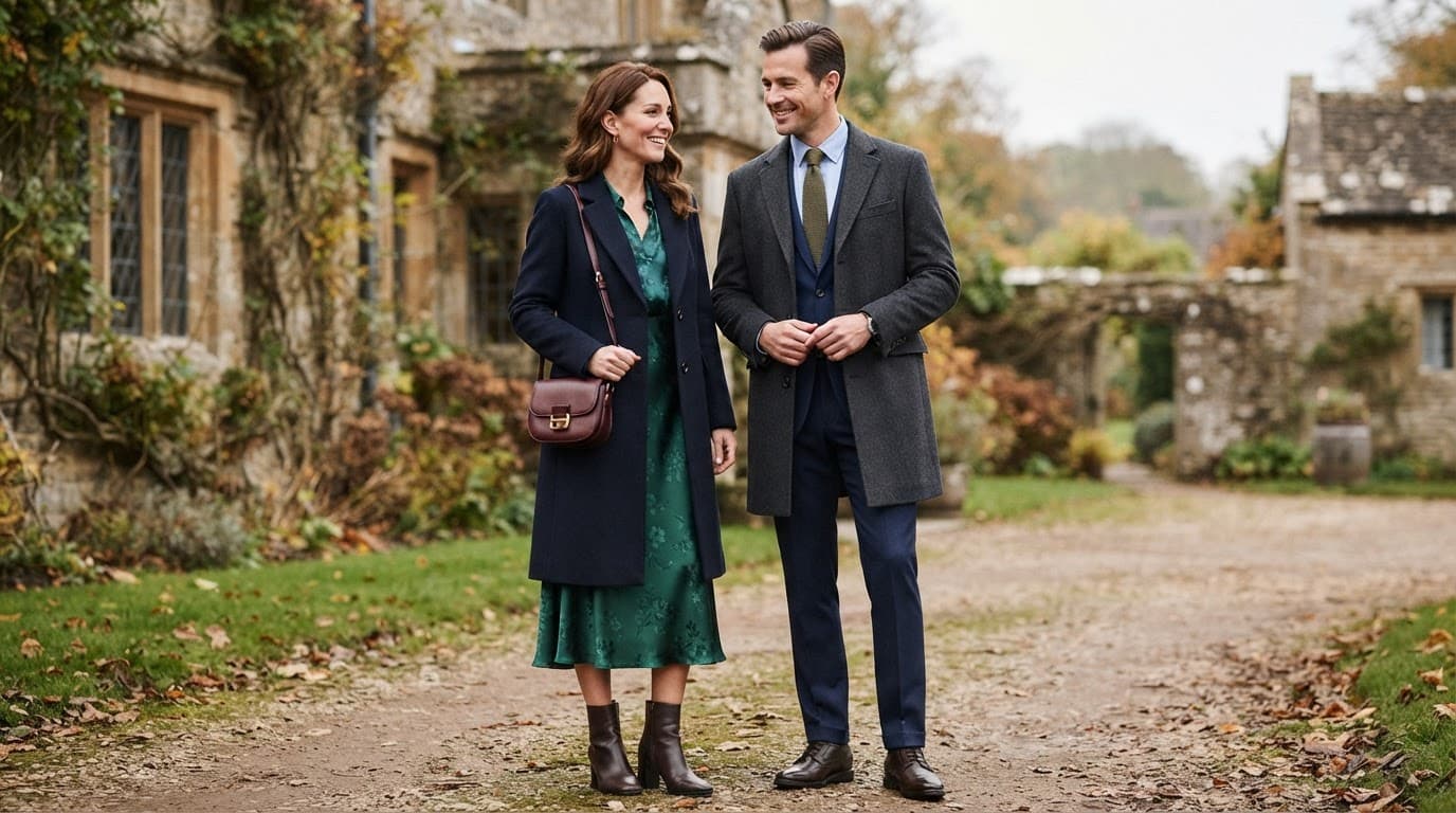 Two wedding guests in coordinated cool-weather outfits outside a countryside venue.