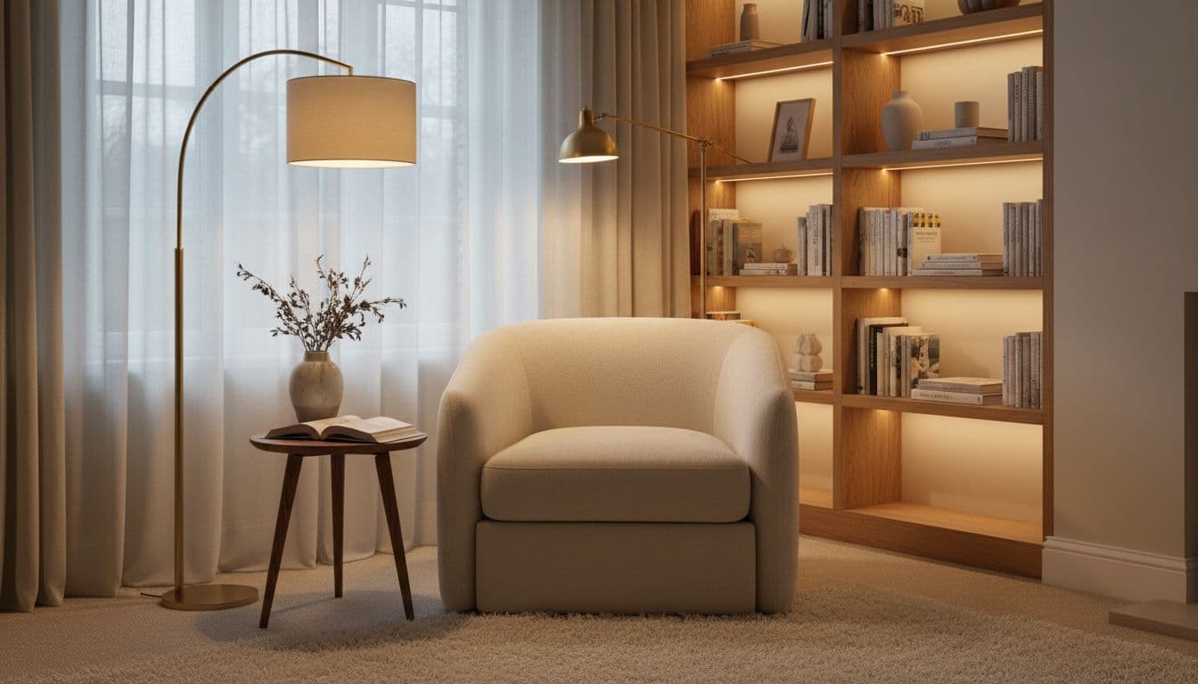 North-Facing Living Room Lighting Ideas For UK Homes That Actually Brighten The Space 7 Cosy north-facing living room lighting with floor lamp, wall light and LED shelf lighting