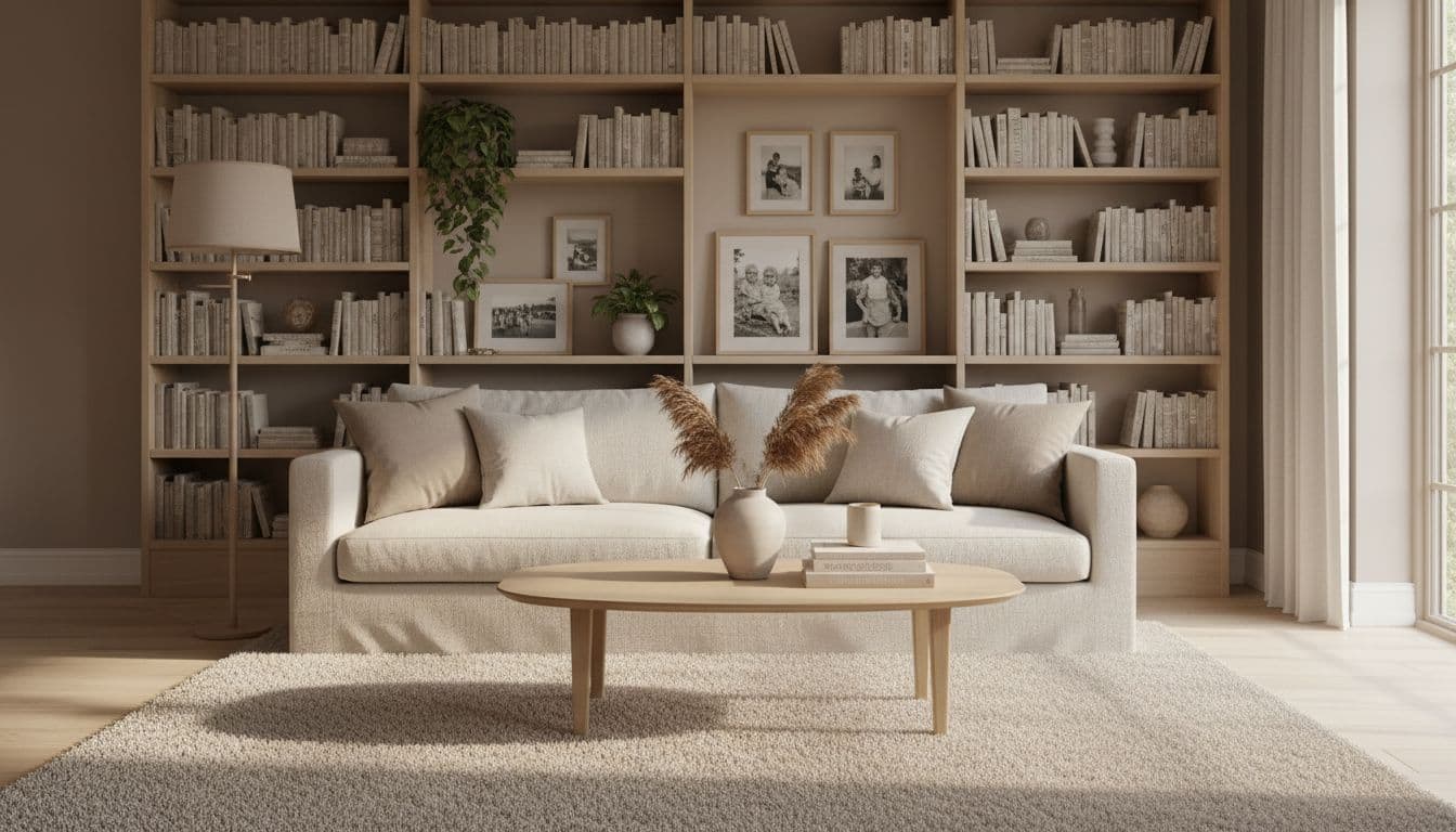 Cosy neutral Scandinavian living room with warm greige walls and soft textures