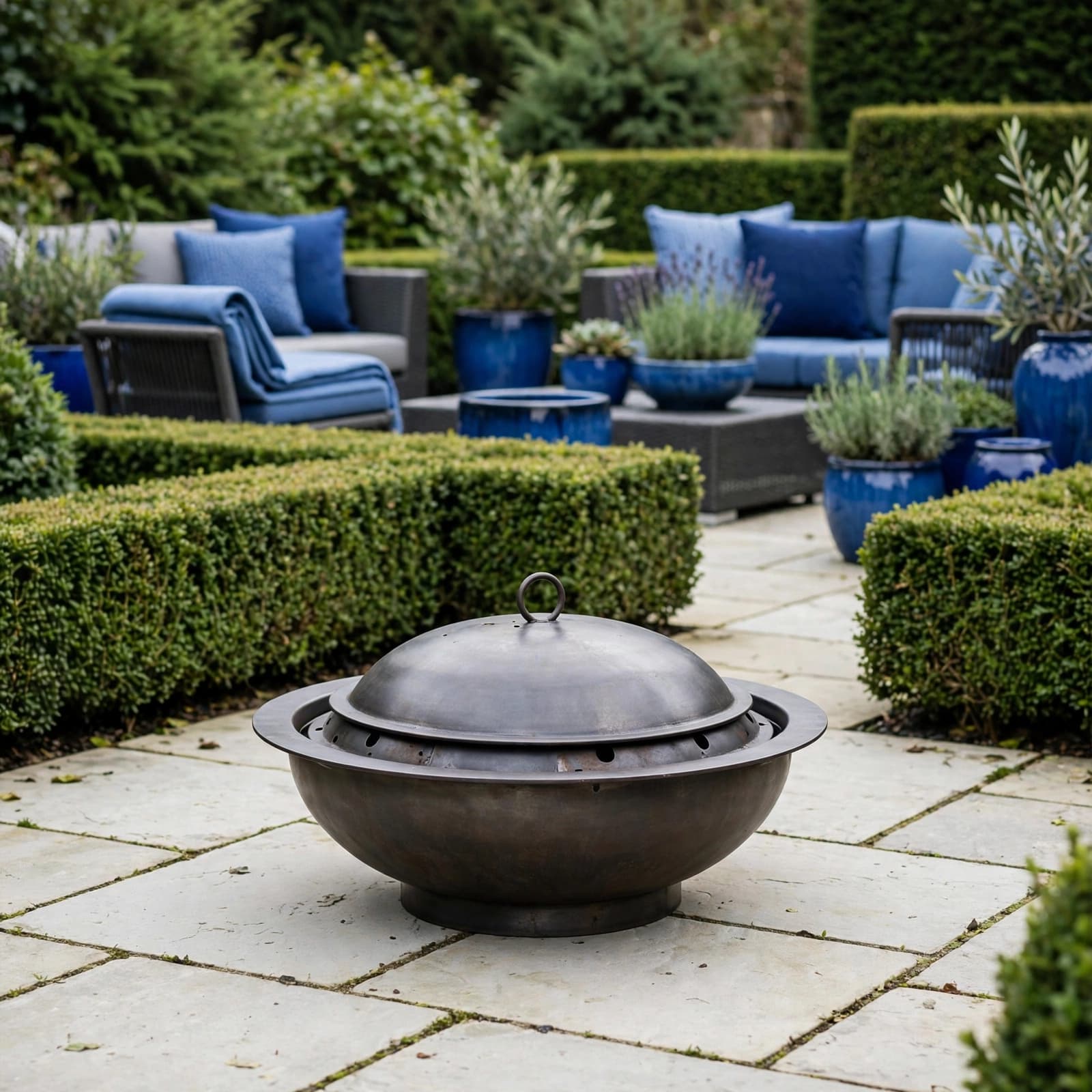 Covered Fire Pit: A UK Buyer's Guide 1 Lidded steel fire bowl on a pale patio with blue cushions and clipped greenery.