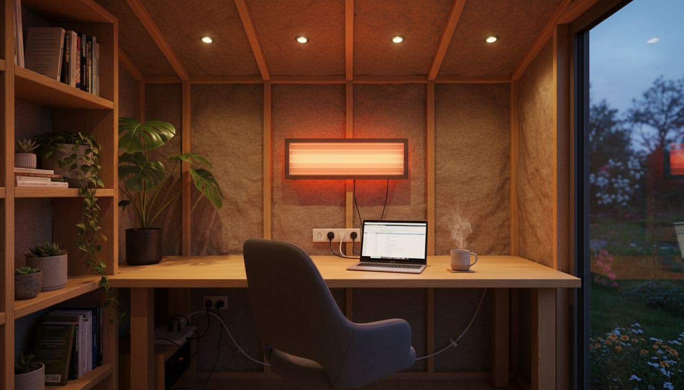 Cozy interior of an insulated garden office set up as a home workspace with wooden desk, laptop, office chair, glowing panel heater, sockets, LED lights, Ethernet cable, bookshelf, plants, and garden view window under soft evening lighting.