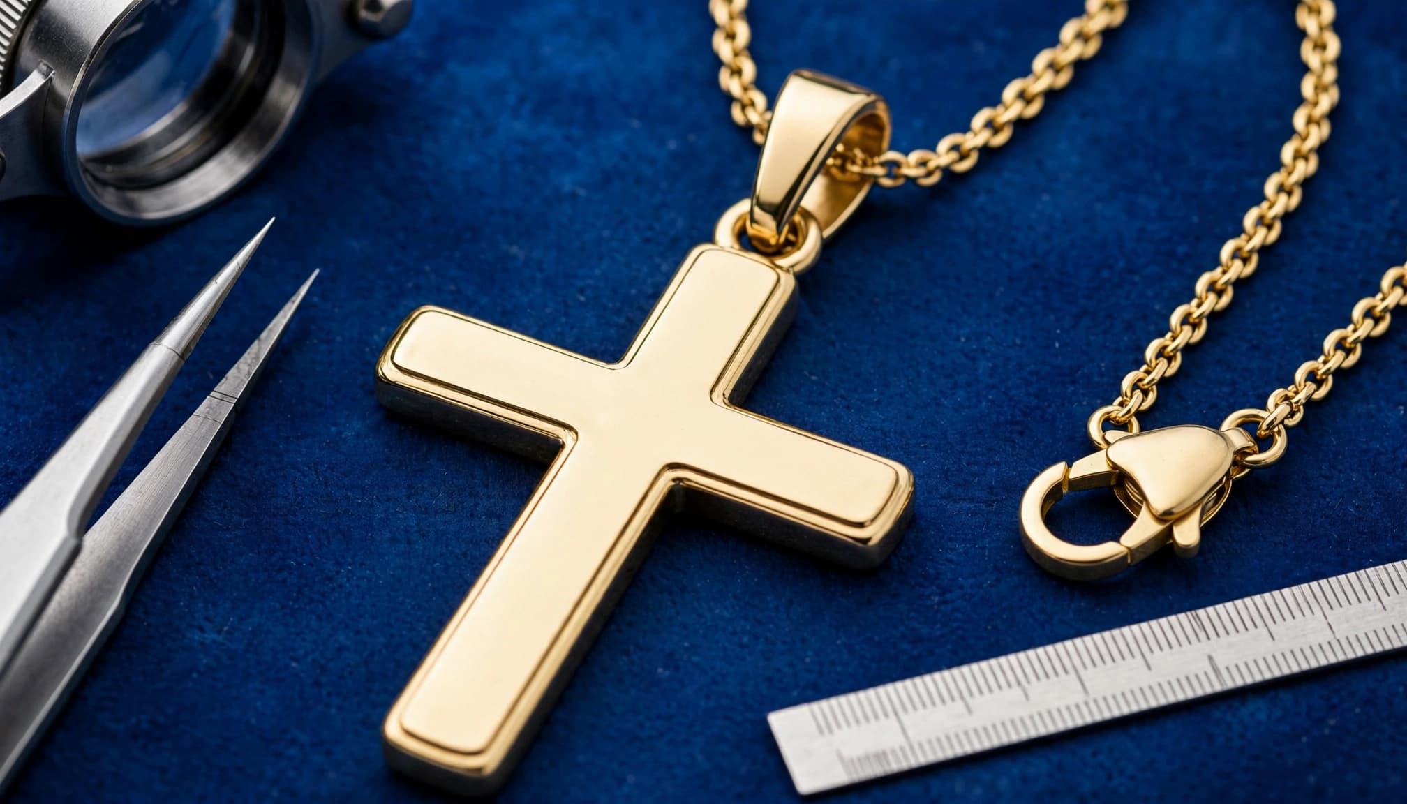 Cross Necklace Buying Guide: Style, Quality and Value 2 Cross necklace showing a lobster clasp, sturdy bail, and smooth pendant edges beside a ruler.
