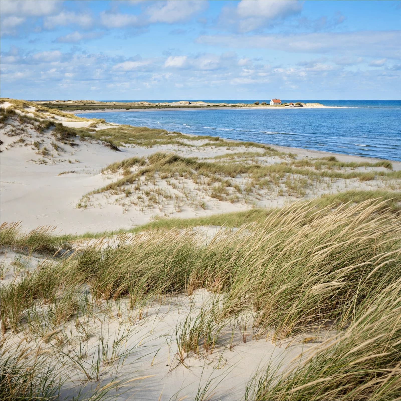 Denmark Travel Guide: Practical Routes for UK Visitors 3 Beach grass and pale dunes overlook the sea, with a small cottage in the distance.