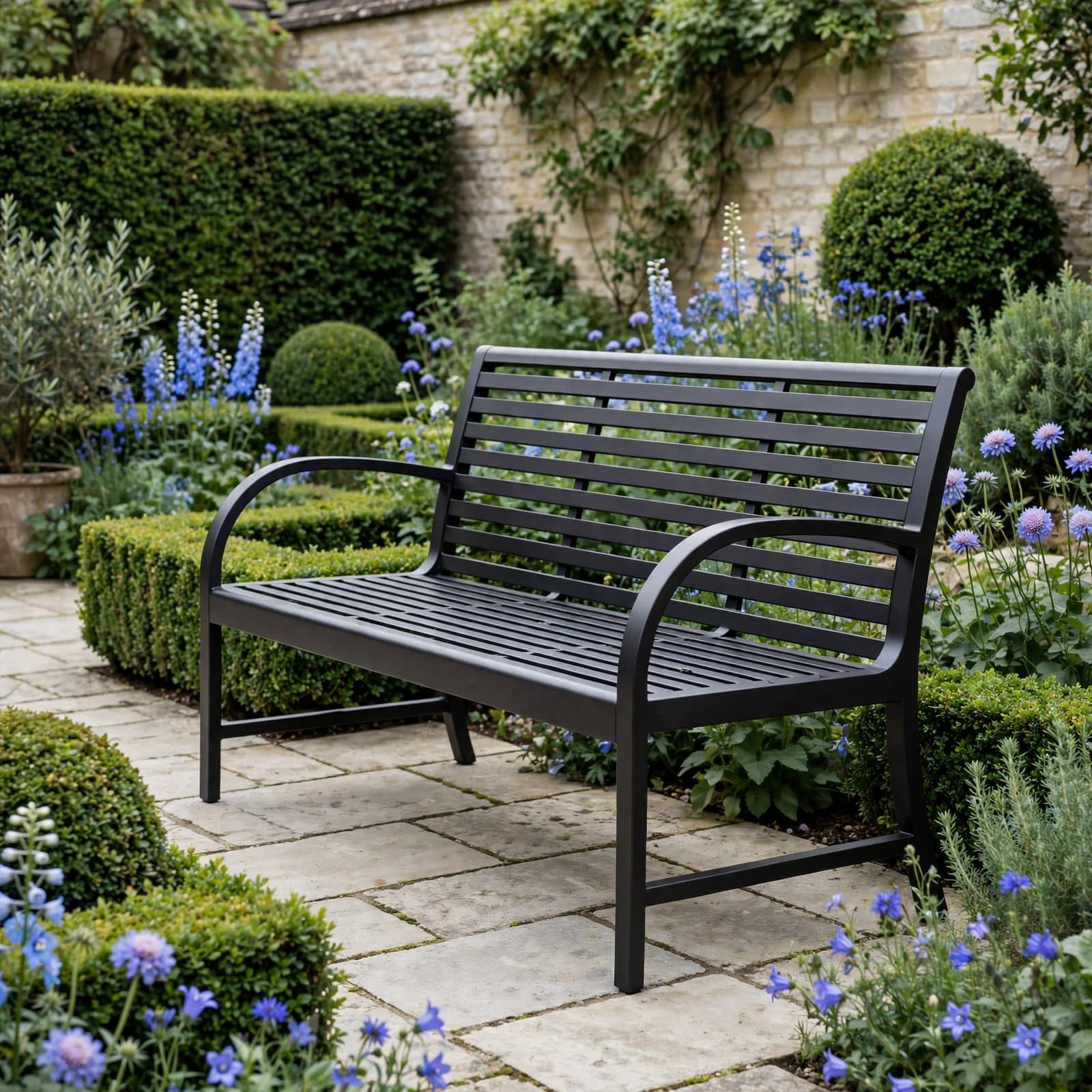Metal Garden Bench Buying Guide: Comfort, Rust and Value 1 A dark slatted steel bench sits among clipped greenery and blue flowers on pale paving.