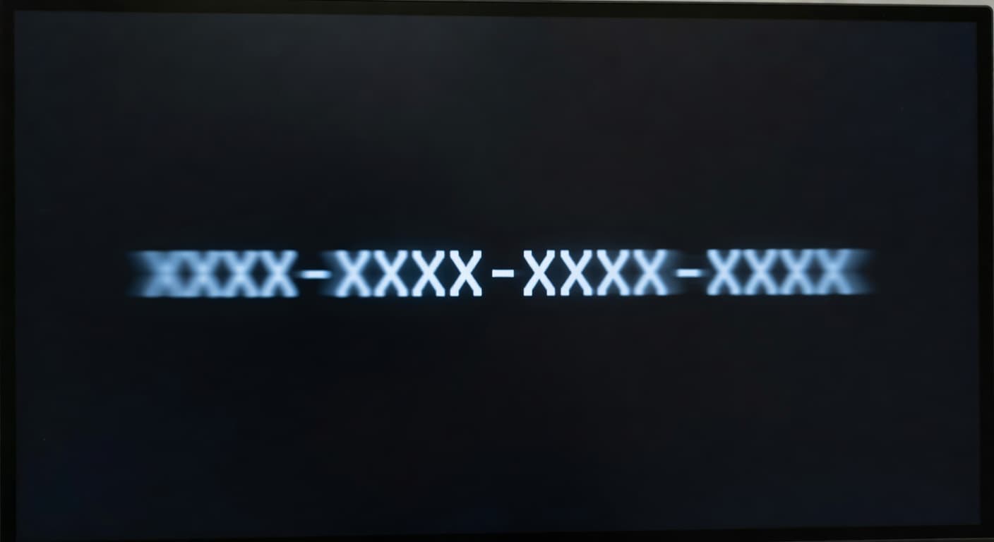 A glowing computer monitor displays a blurred sequence of alphanumeric characters against a dark background. Soft ambient lighting illuminates the bezel while maintaining a professional and sleek technological aesthetic for software authentication.