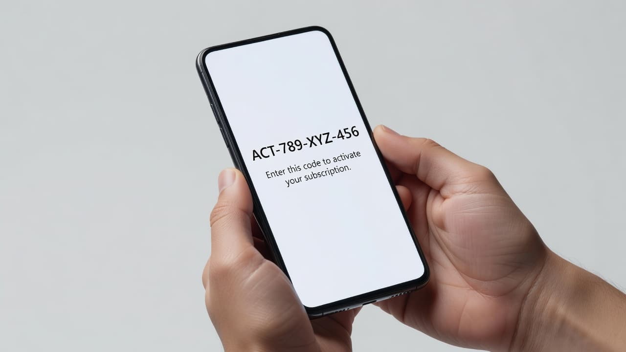 A close-up view of hands holding a smartphone that displays a digital code on its bright screen. The neutral backdrop highlights the professional process of purchasing and activating Office 365 online.