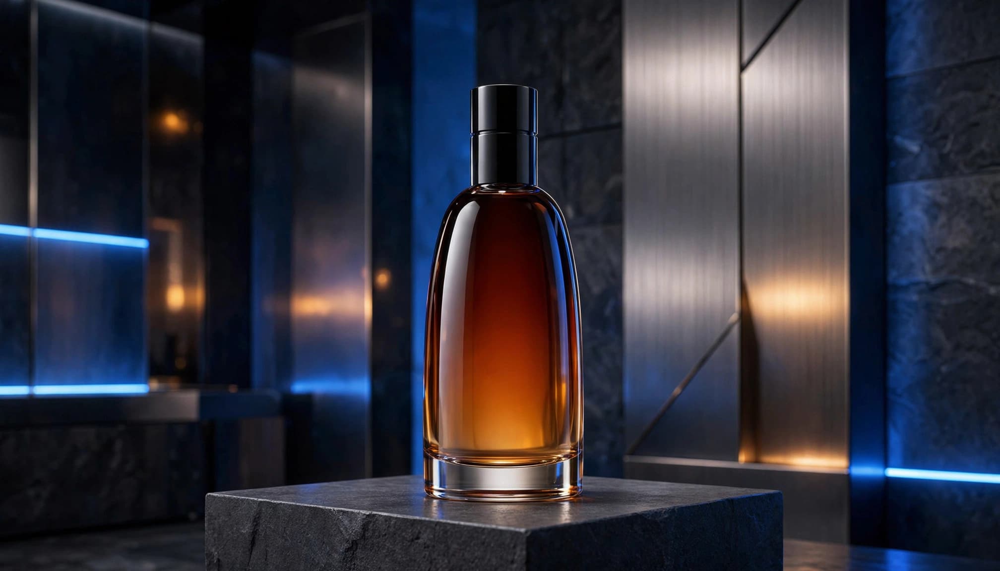 An amber fragrance bottle stands on a dark stone base in a blue-lit room.