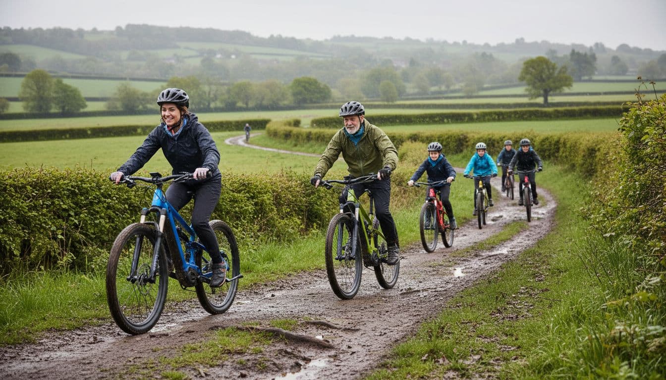 Group of UK riders on full suspension e-MTBs in mixed terrain