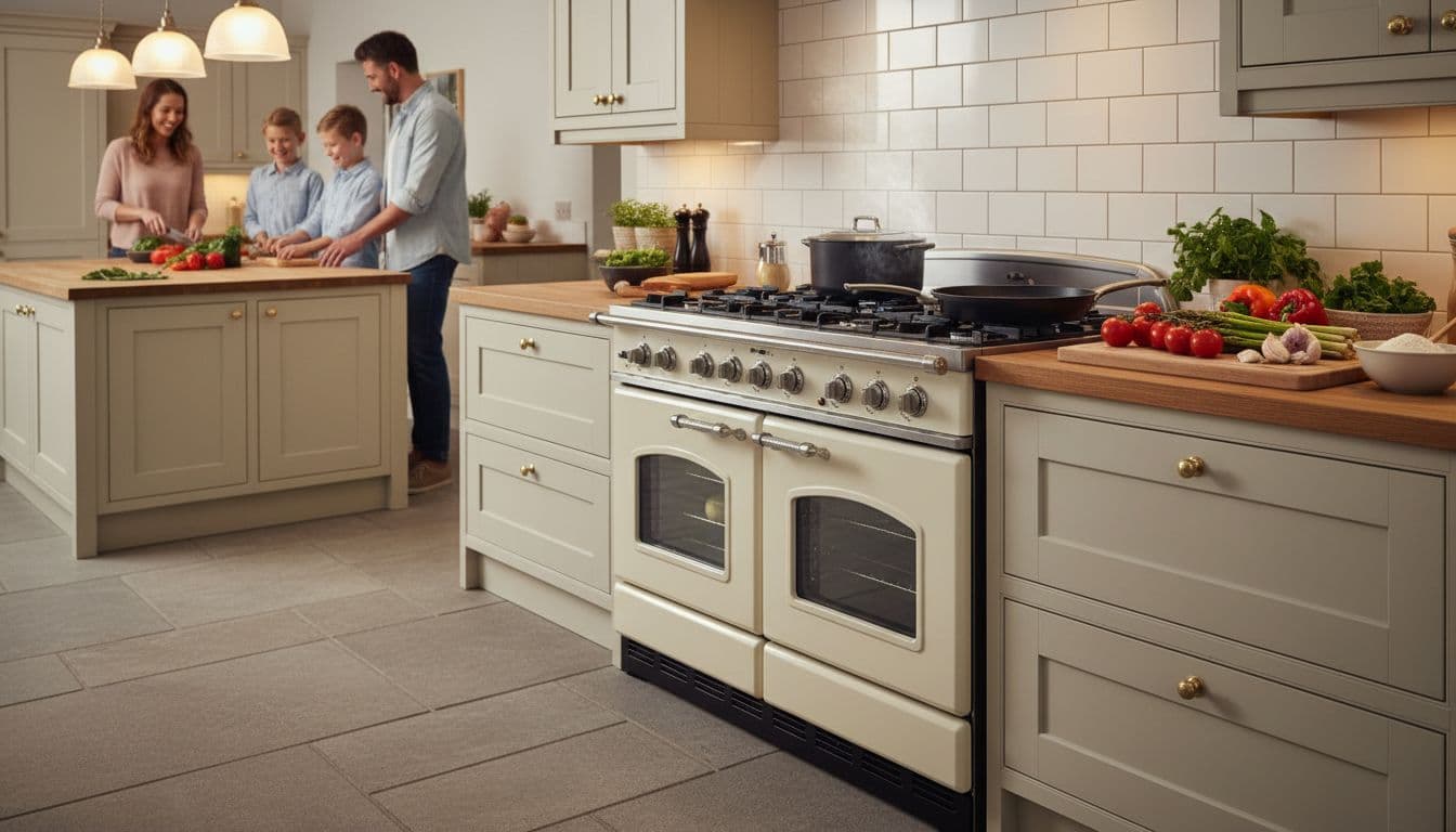 Large dual fuel range cooker in a cosy modern British kitchen