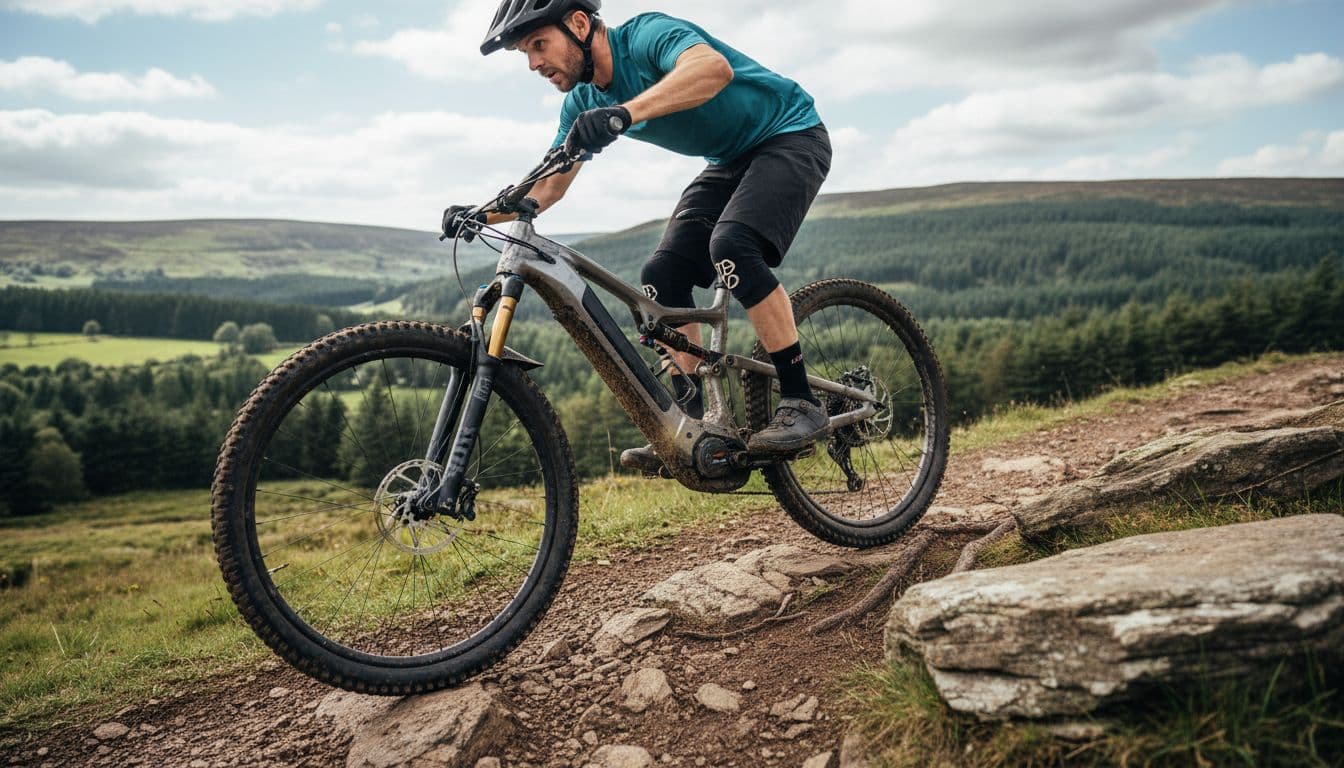 Rider climbing steep hill on a full suspension e-MTB