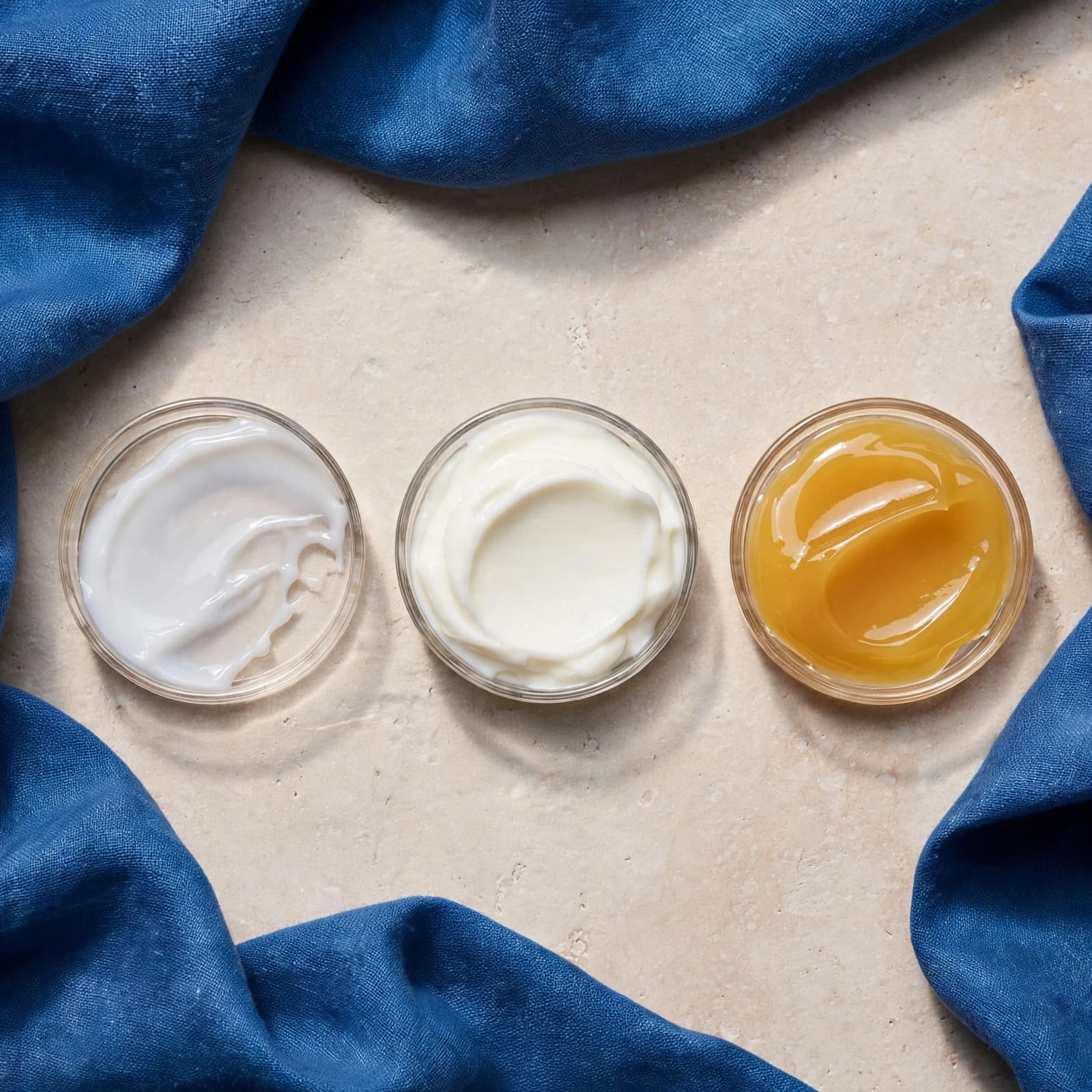 Best Creams for Eczema: A UK Buyer's Guide 1 Three glass dishes show lotion, cream, and ointment textures on a blue-accented stone surface.