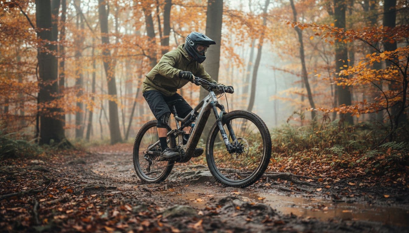 Full suspension electric mountain bike on muddy UK forest trail
