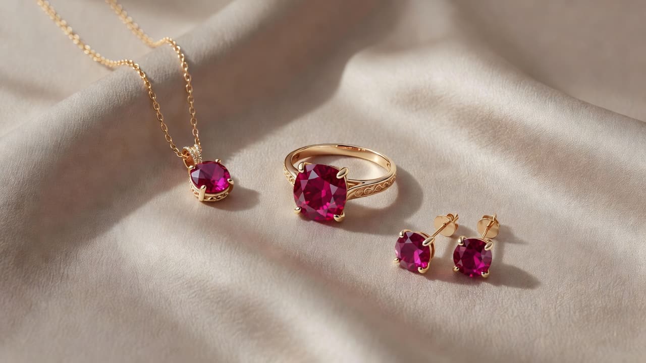 A vibrant gold ring, matching stud earrings, and a dainty pendant necklace rest upon a soft, neutral silk cloth. Natural morning light illuminates the deep red stones and shimmering metallic surfaces.