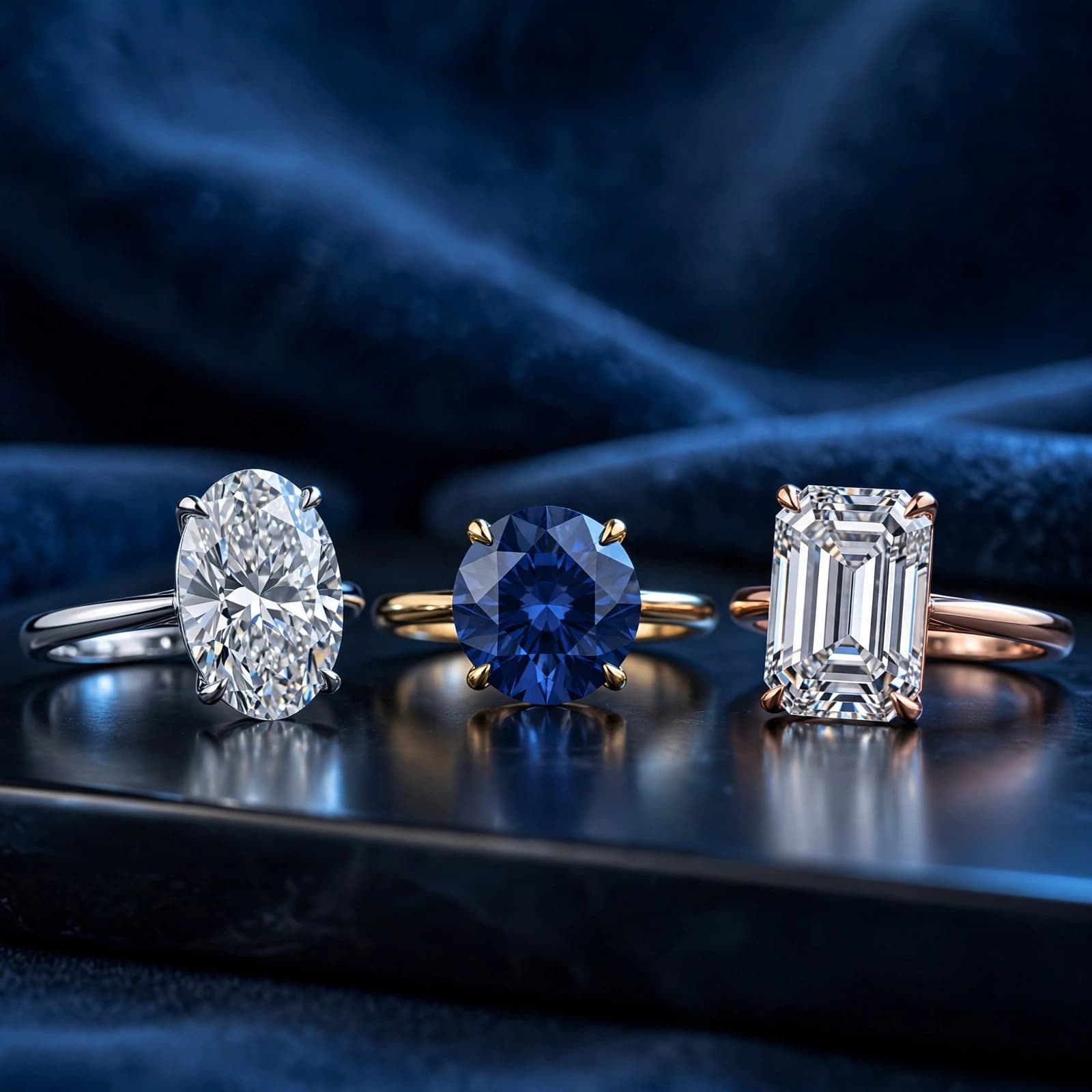 Engagement Rings for Women: A UK Buyer's Guide 2 Three distinct engagement rings feature an oval diamond, a blue sapphire, and an emerald-cut diamond.