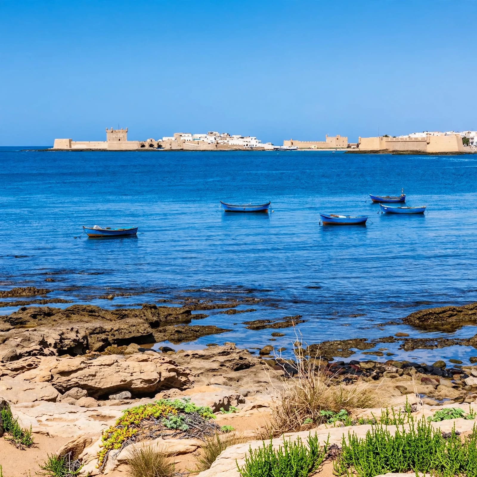 Blue fishing boats rest offshore beneath Essaouira's distant white ramparts.