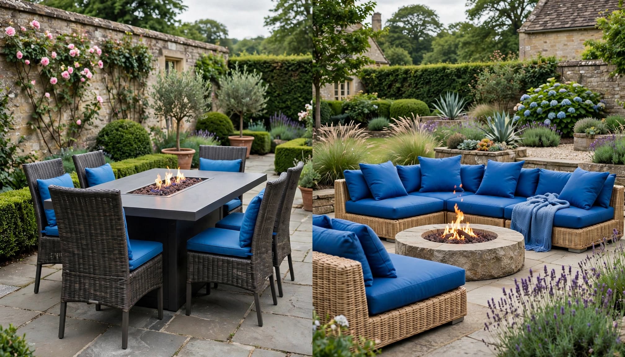 Fire Pit Dining Set: A Practical UK Buyer's Guide 2 Two outdoor fire pit furniture sets contrast dining chairs with low blue-cushioned lounge seating.