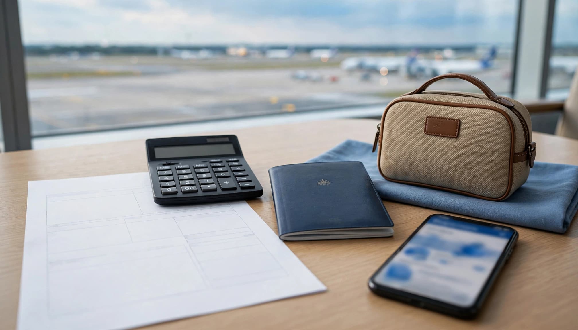 Travel documents, a calculator, cabin bag, and phone sit on an airport lounge table.