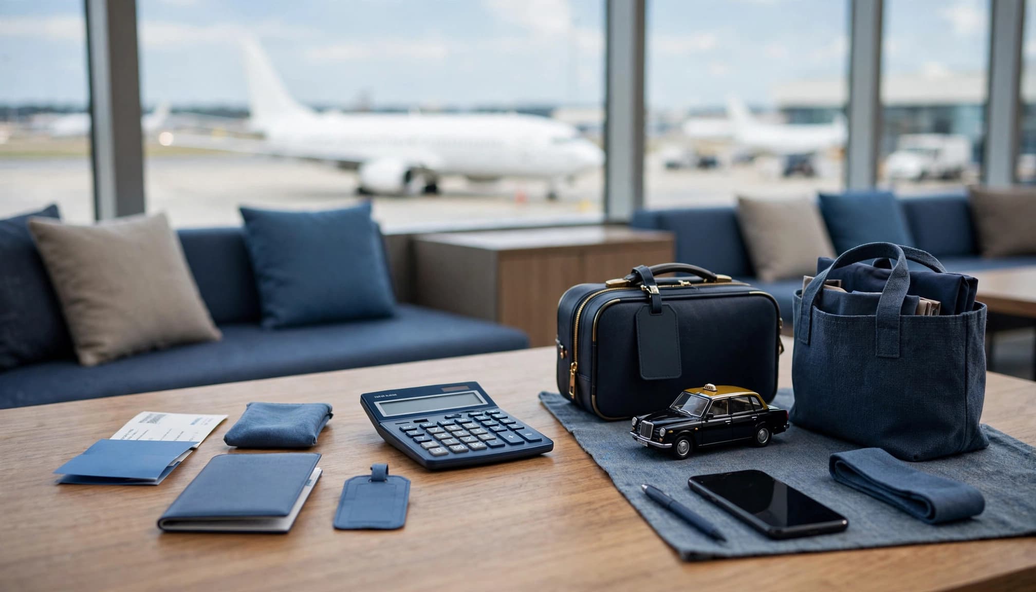 A boarding pass, suitcase, calculator, and phone on an airport lounge table.