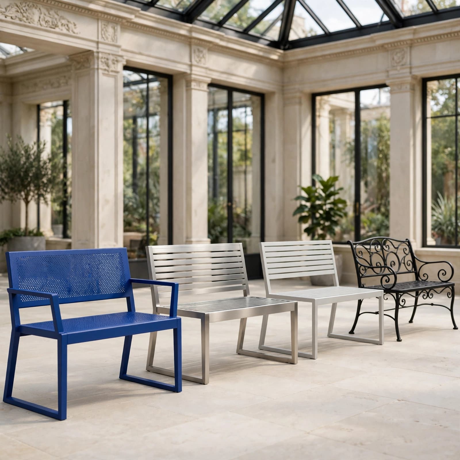Metal Bench Buying Guide: Materials, Comfort and Value 1 Four metal benches displayed separately in an elegant conservatory.