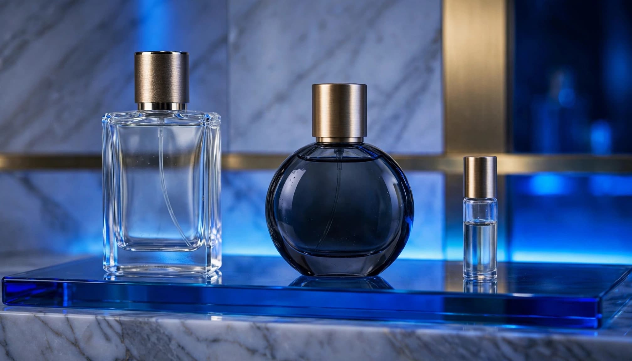 Three fragrance bottles arranged on a blue glass shelf with marble and brass accents.