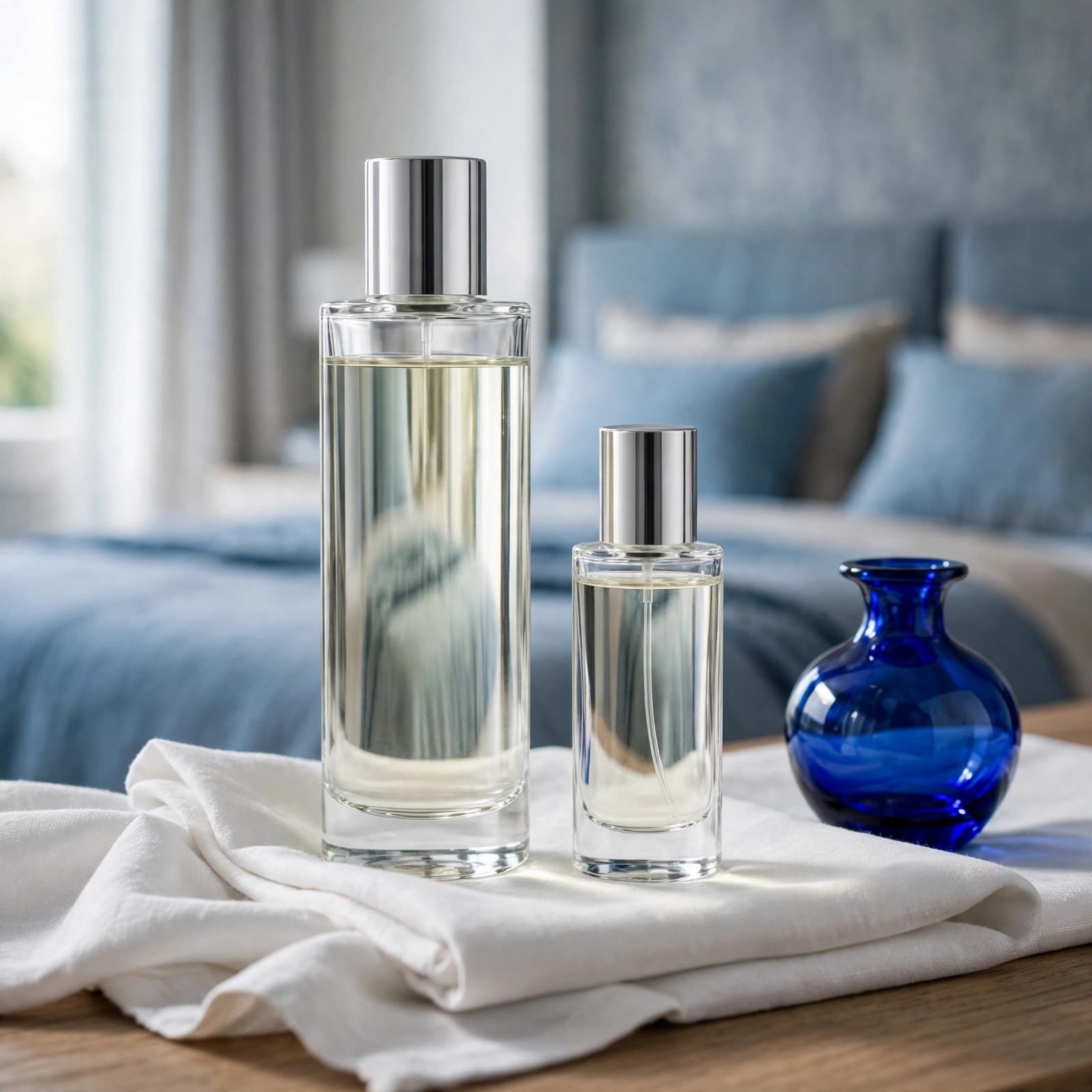 Large and compact clear fragrance bottles stand beside a folded white cloth and blue glass accent.