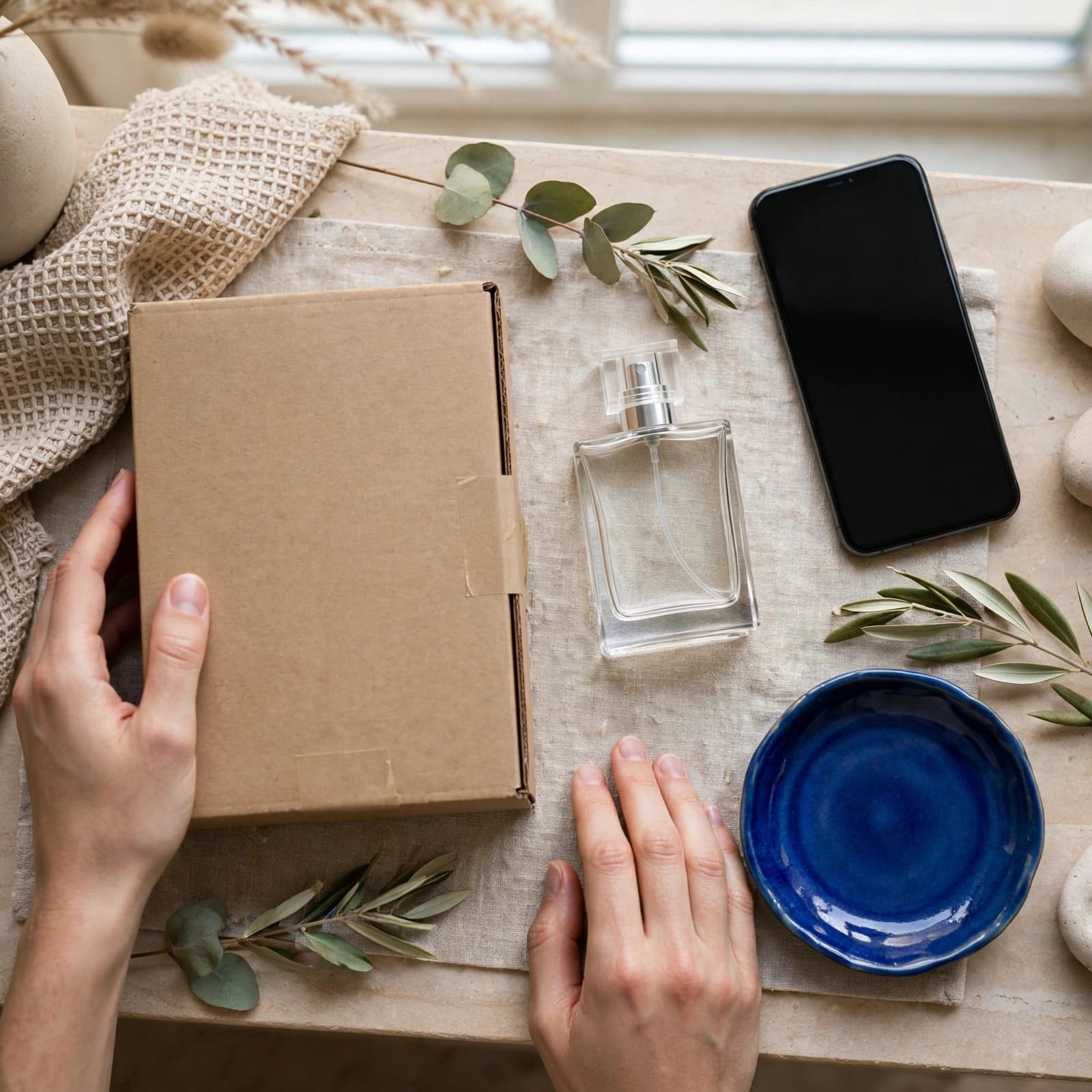 Hands, a parcel, perfume bottle, and phone arranged on an entrance console.