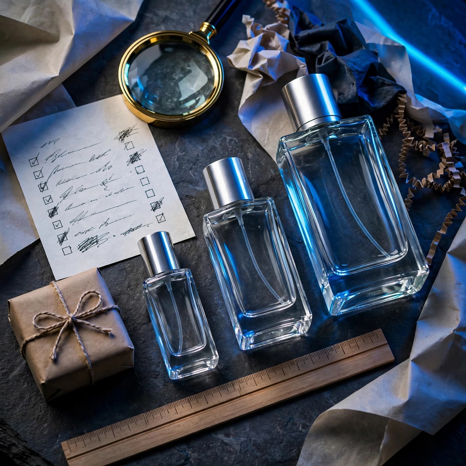 Three perfume bottles, a ruler, parcel, magnifying glass, and checklist arranged on a dark table.