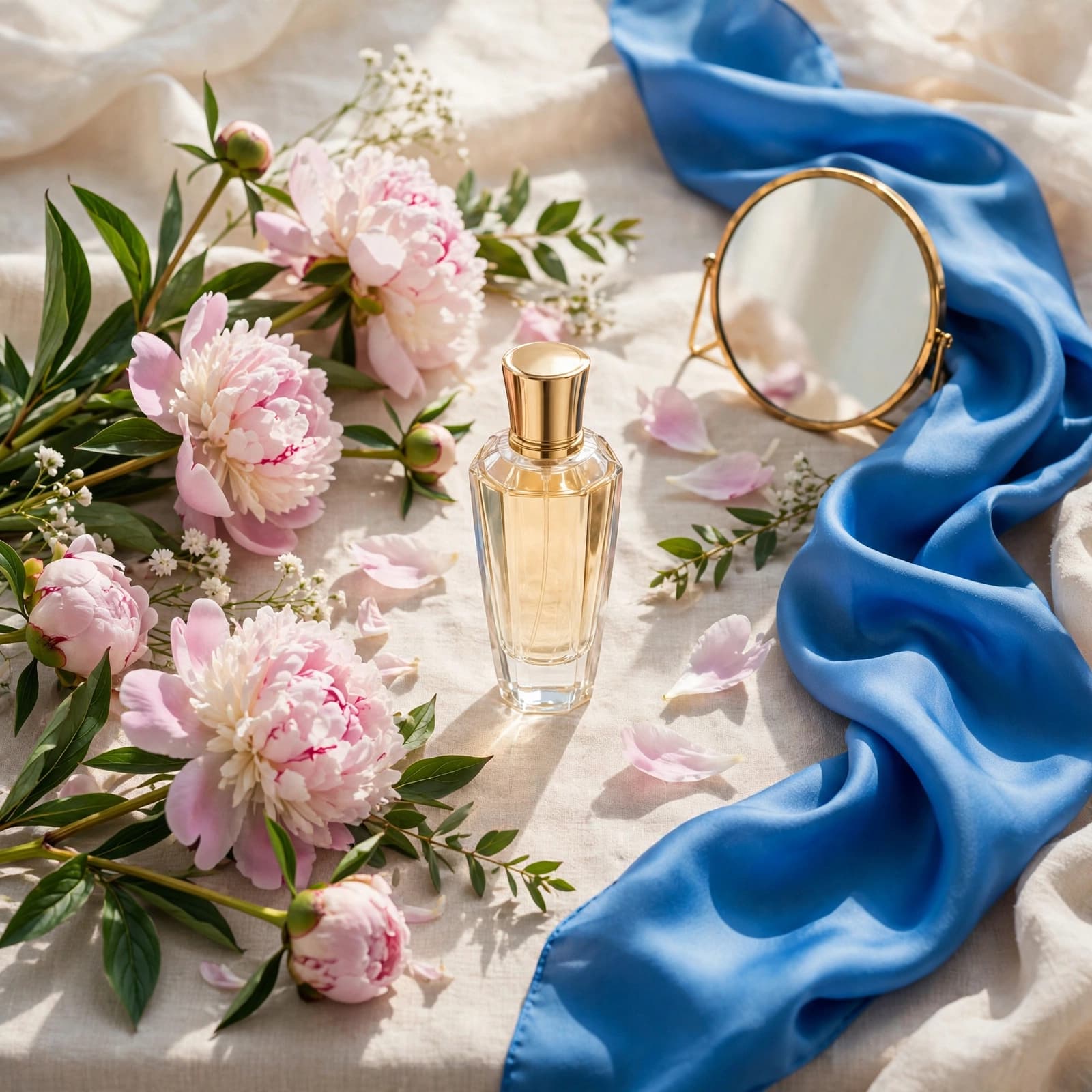 Perfume bottle beside peonies, a silk scarf, and a mirror on a sunny table.