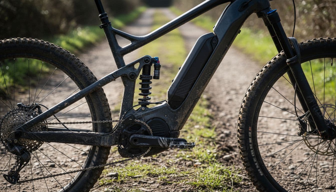 Close-up of full suspension e-MTB components