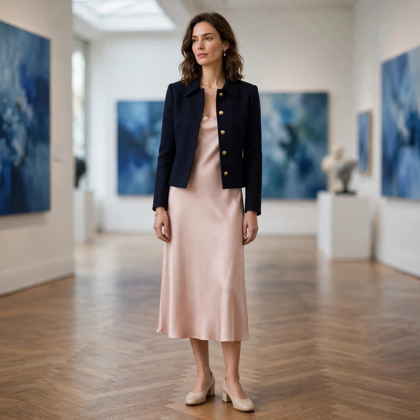 A woman wears a midi dress, short jacket, and low heels in an art gallery.