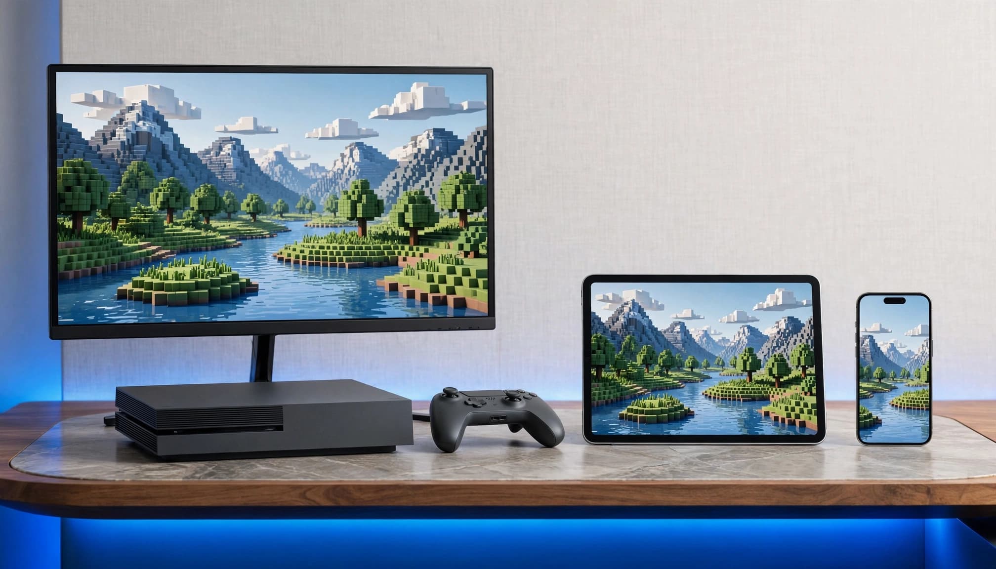 Four gaming devices arranged on a modern desk with blue lighting.