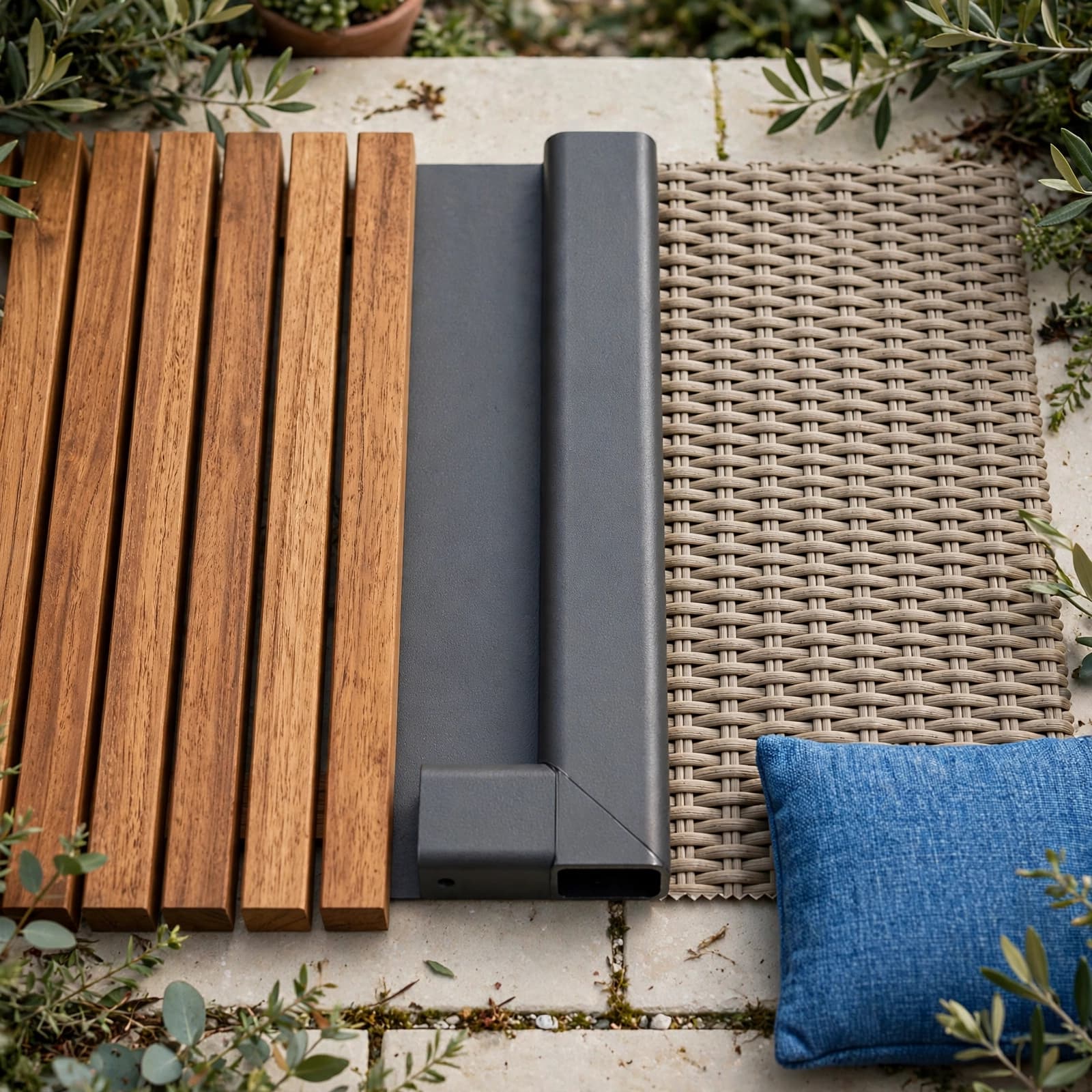 Outdoor Bench Buying Guide: Choose One That Fits 2 Hardwood, coated metal, and synthetic rattan seating samples sit on a garden terrace.