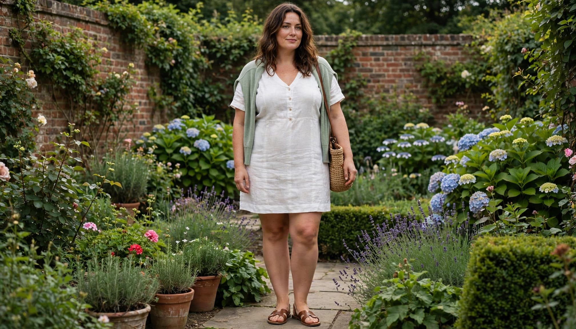 Woman in a white dress, sandals, woven bag, and colorful cardigan at a garden event.